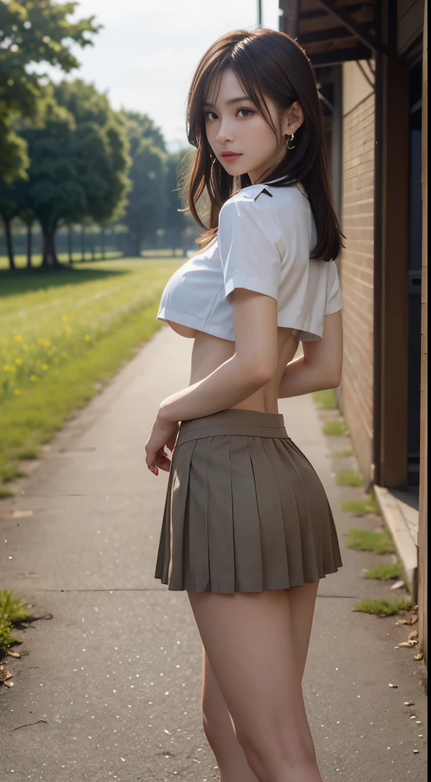 (highest quality:1.4), (hyper quality), (Super detailedな), 1 beautiful girl, (group of female high school students:1.3), Super cute, wonderful face and eyes, (Short-sleeved sailor suit made of thin white fabric), Vivid brown pleated micro mini skirt with low rise:1.1, (vivid brown pleated mini skirt:1.5), (Beautiful and incredibly big breasts:1.3), (The shape of the nipple protrusions through the uniform:1.4), (uniform is not exposed:1.2), (The fabric of the uniform is thin and the shape of her chest is clearly visible.:1.3), Realistic uniform wrinkles, (red ribbon:1.1), (underboob:1.1), (Massaging her breasts over her uniform:1.2), (slender body:1.1), (slender and long beautiful legs), (thin waist), real skin texture, crystal clear very white skin, (bangs:1.2), earrings, light makeup, (Don't look at me, look ahead), beautiful goddess advent, beautiful background, golden ratio, conceptual art, Super detailed, Accurate, advanced details, (walk along a path surrounded by fields:1.2), My chest sways, Super close, sexy art, (Under the summer sun), bright light, Super delicate illustration details, Highly detailed CG integrated 8k wallpaper, RAW photo, professional photos, cinematic lighting, Depth of the bounds written, No bra, (The nipple protrusions push up the uniform:1.2), (Sharp nipples through the uniform), cropped tops, High heels on bare feet, (back view, stick out your butt)