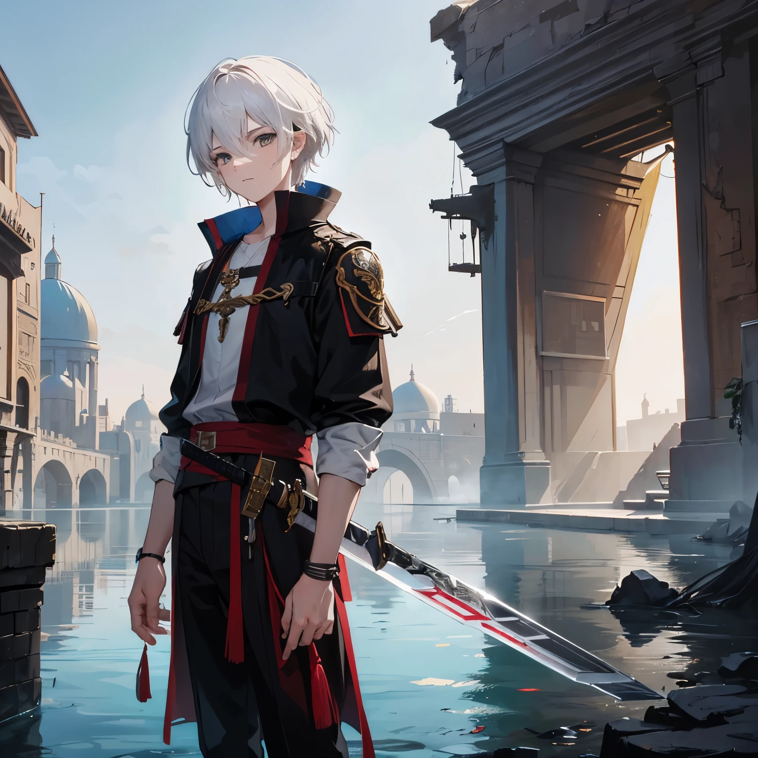  Old Italian painting style, Boy 1, Assassins,(city of Baghdad is futuristic), fog,(a thin sword), white hair, medium short hair, standing on one of the destroyed houses, fire, high resolution, modern clothes, in a dark fantasy world, a lake in a red rose, reflection،(Male 1),(He looks at his lake)، Closer to the viewer, clear face,(world final)