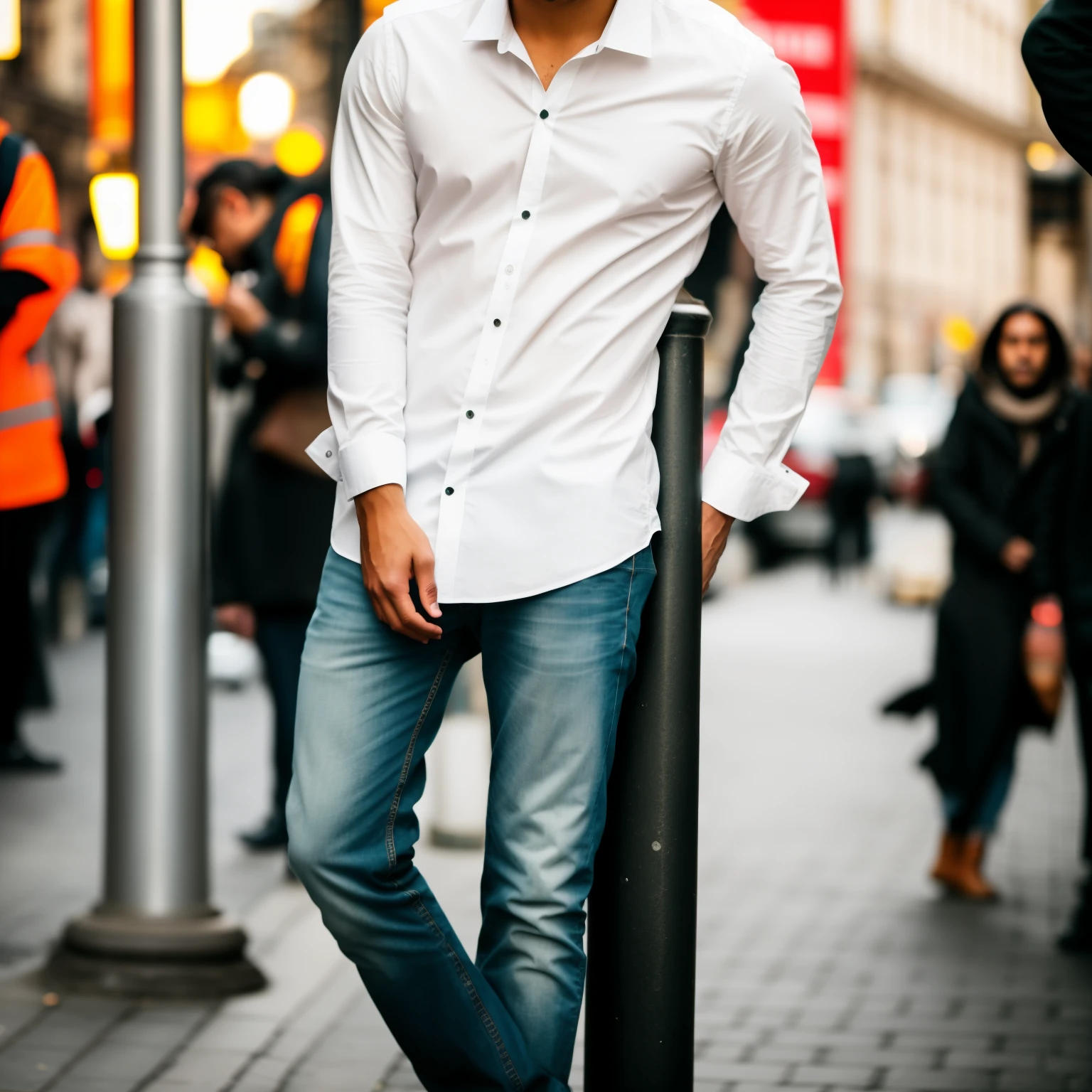 there is a man standing on a pole with his hands on his hips, in city street, taken with canon 8 0 d, candid picture, taken with canon eos 5 d, standing on street corner, taken with a canon eos 5 d, taken with a canon eos 5d, with a cool pose, candid photo, stylish pose, on the street, very artistic pose