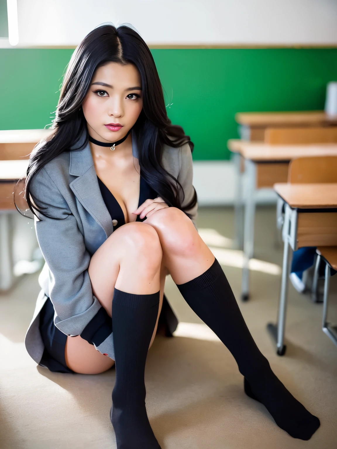 perfect body、((8k, RAW photo, highest qualityの, masterpiece), High-resolution RAW color photos Professional close-up photos, (realistic, photorealism: 1.37), (highest quality), (best shadow), (best illustrations), clavicle ((big)), ((erotic, sexy, ultra high resolution, High-definition CG integrated 8K Denden wallpaper, Physically based rendering, movie lighting), (charm的な猿:1), 16 year old girl, (gray blazer, ribbon, choker, high school uniform: 1.2), high school classroom, detailed and beautiful eyes, light shines on your face, ((full body shot: 1.2)), particularly strong light, (upper grade, shy:1.2),shiny skin, (((black hair, long hair:1.2))), (thin legs), Ulchan-6500-v1.1:0.2, shy, (flash:1.2), NSFW , ((seductive posture: 1.2, charm: 1.2)), (idle state), ((sitting at a desk in the classroom: 1.2)), ((excellent anatomy: 1.2)), ((Bright and refreshing classroom, background is blurry: 1.2)), perfect face, cute face, (high angle shot:1.2),((super short skirt: 1.2)),((over knee socks: 1.4)), perfect legs, thin legs