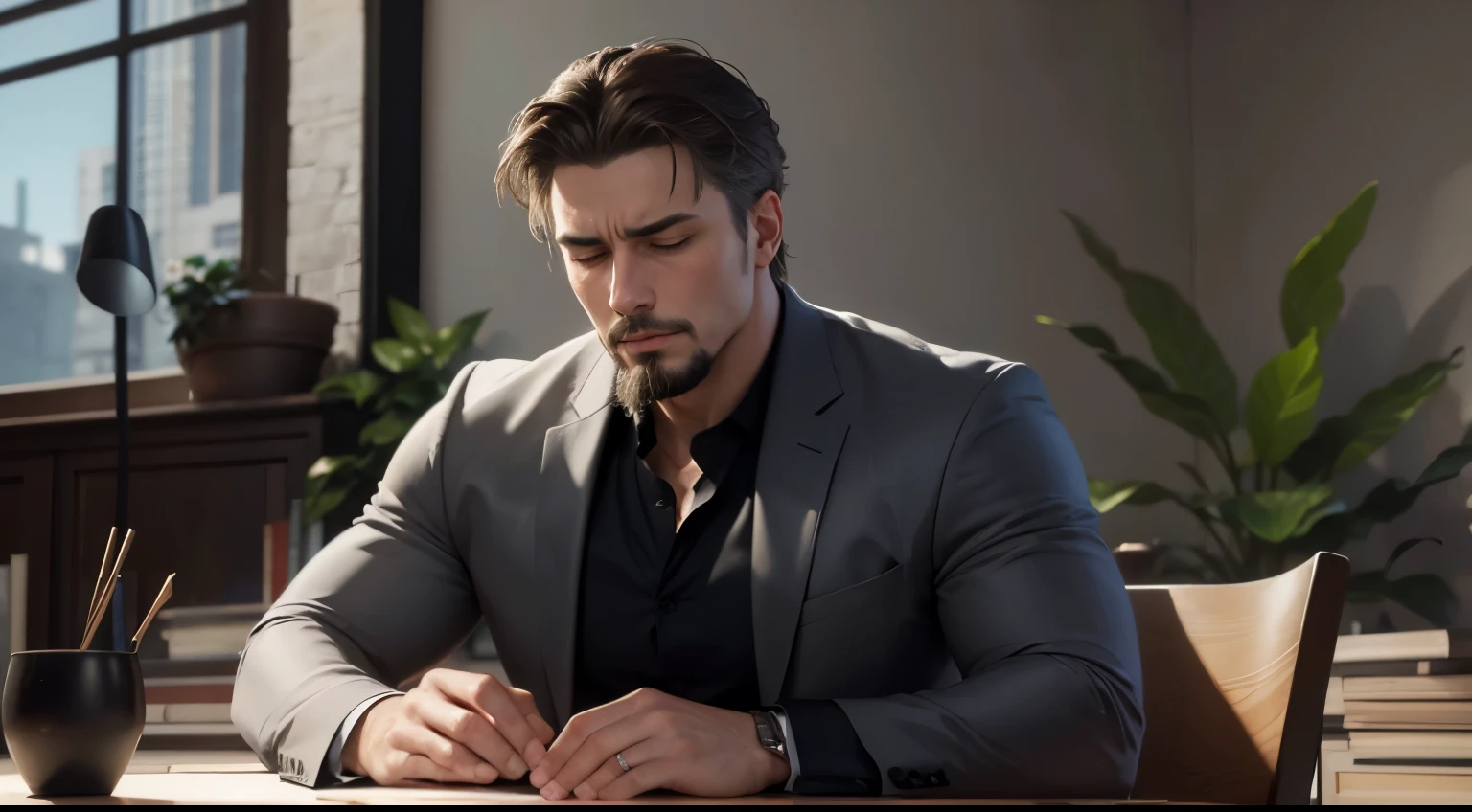 portrait of a man, ((eyes closed)), praying, goatee, gray suit and black shirt, ((brown hair)), extremely details