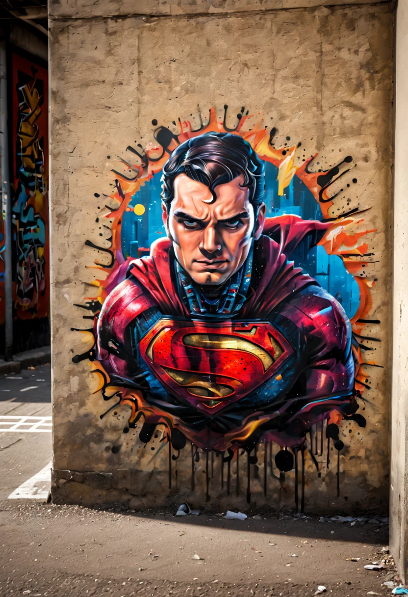 best quality, 4k, 8k, high resolution, masterpiece: 1.2), (ultra detailed Superman as android graffiti:1.32), realistic and creative, comic style, contrasting color tones, sandy texture, urban background, bright and vibrant colors, culture street art, dynamic action scenes, graffiti letters, tagging, Superman with mechanical parta inbhis body as android , vivid graffiti characters, strong contours and shadows, cityscape, textured walls, street art movement, tagging on brick walls.