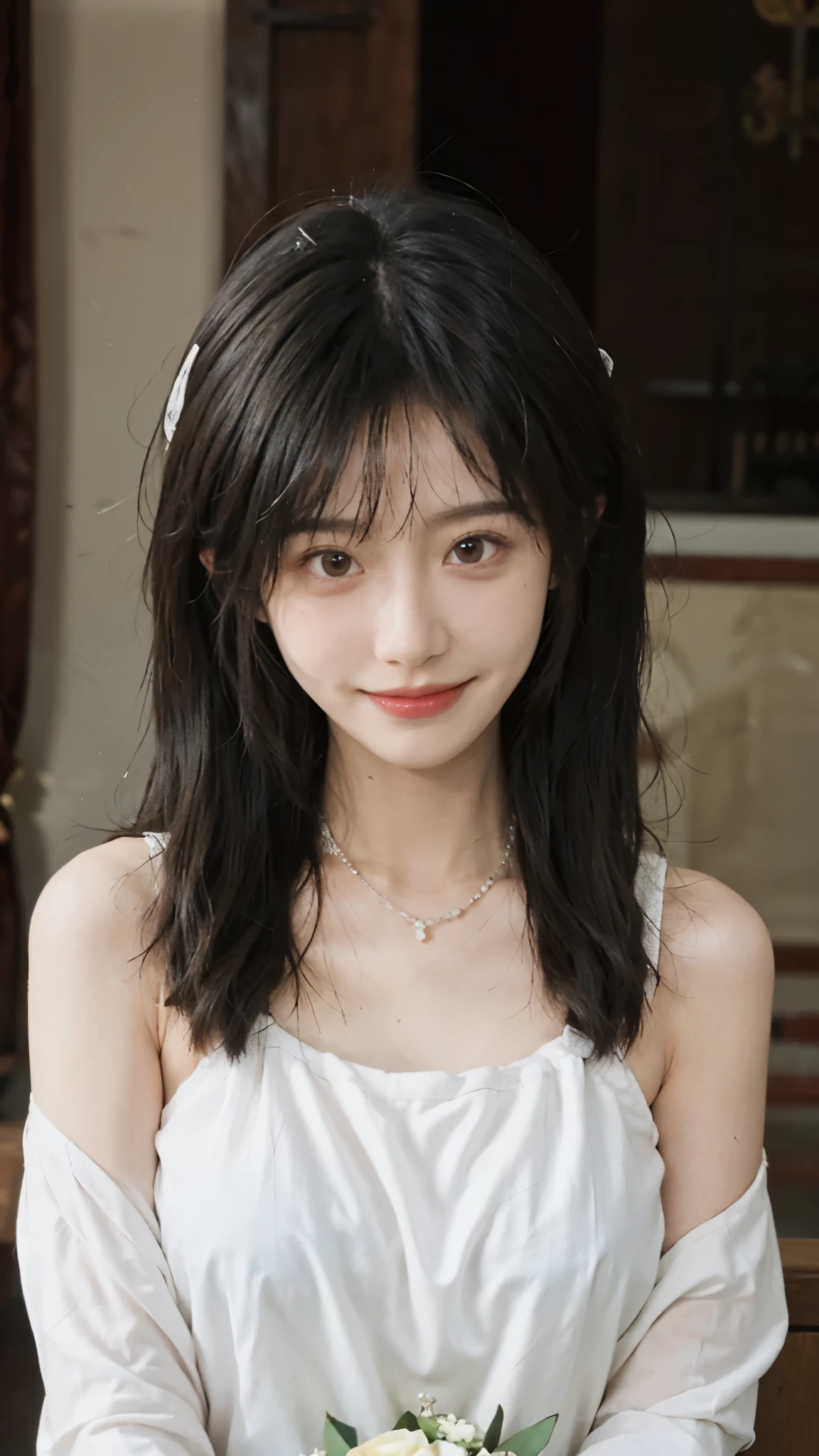 best quality， ultra high resolution， （realistically：1.4），cute hairpin，Baoyu Girl，Standing in the wedding hall，A pair of clear and charming peach blossom eyes,Royal sister，The sun shines on the face，Big wavy hairstyle，（necklace：1.2），（White skin：1.4），a sense of atmosphere，a beautiful girl，sweet smile，Looking directly at the viewer ，(lifelike:1.4),1 girl,Sexy,(Upper body:1.4),(wet),(:1.2)