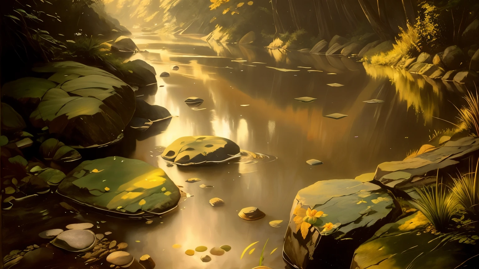 there is a painting，The painting is of a creek in the woods，There are rocks and water lilies, Sylvain Sarai, author：Sylvain Sarai, very detailed figures, Ross Tran. landscape background, highly detailed figures, Highly realistic concept art, Relaxation concept art, Beautiful digital painting, environmental painting, detailed figures, 