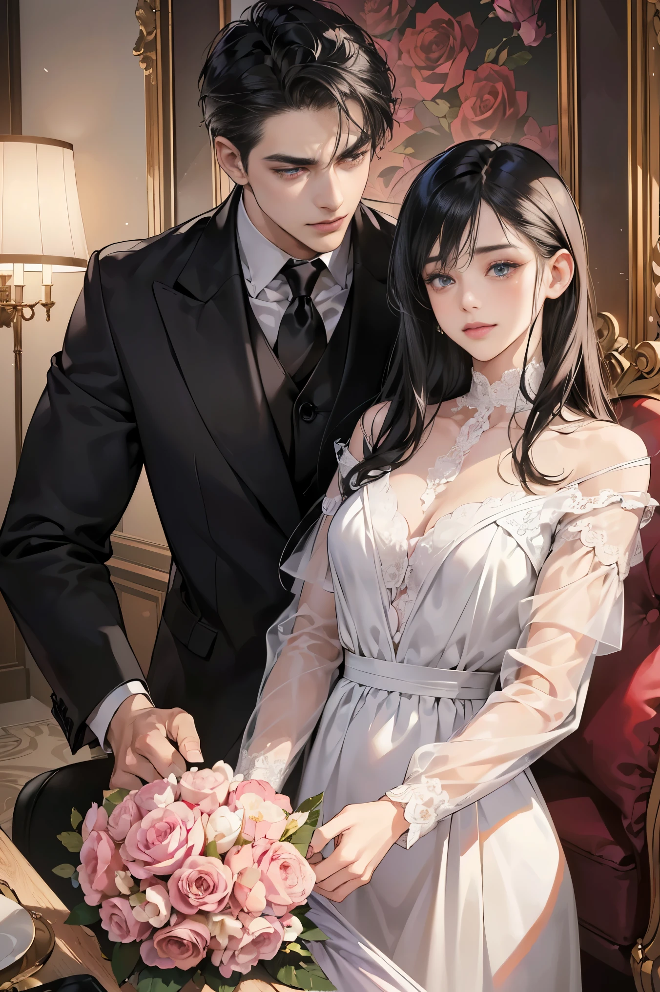 (table top, digital art, digital illustration, 4K, 8 thousand, very detailed, beautiful pictures, clear image, realistic, RAW photos, perfect face, perfect line, perfect eyes, soft lighting) 1 woman, (long black hair, straight hair, an optimistic outlook, beauty, wow, mode system, one piece, solid makeup, 23 year old girl,:1.3), Two handsome men in suits, (human, Man in a suit, muscular, Shoulder width is solid., adult male, boyish hairstyle, british gentleman style, A man in his 30s with a cool expression, A 28-year-old man with a bright smile:1.2), classic style furniture, antique clamps, antique chair, chandelier, Crystal glass, Luxury, Fantastic light, marble fireplace, (embarrassing from, shy smile, bouquet of pink roses:1.2), antique sofa, leather sofa, Crying face, cry out of frustration, beautiful tears、the kiss、kiss、couple、couple kiss ing、romance、sex、have sexual intercourse、wet pubic area、insert 、rape、flood、Full-body painting, (one girl and one man, Having sex:1.5), (human, adult male, girl rubbing'of :1.2), cheek dye、panting face、embarrassing、boredom、begging、unhappy、greedy expression, wet pubic area、 insert、open your crotch wide、cowgirl、fluttering、wet shirt、sheer black lace underwear、Take off your underwear、