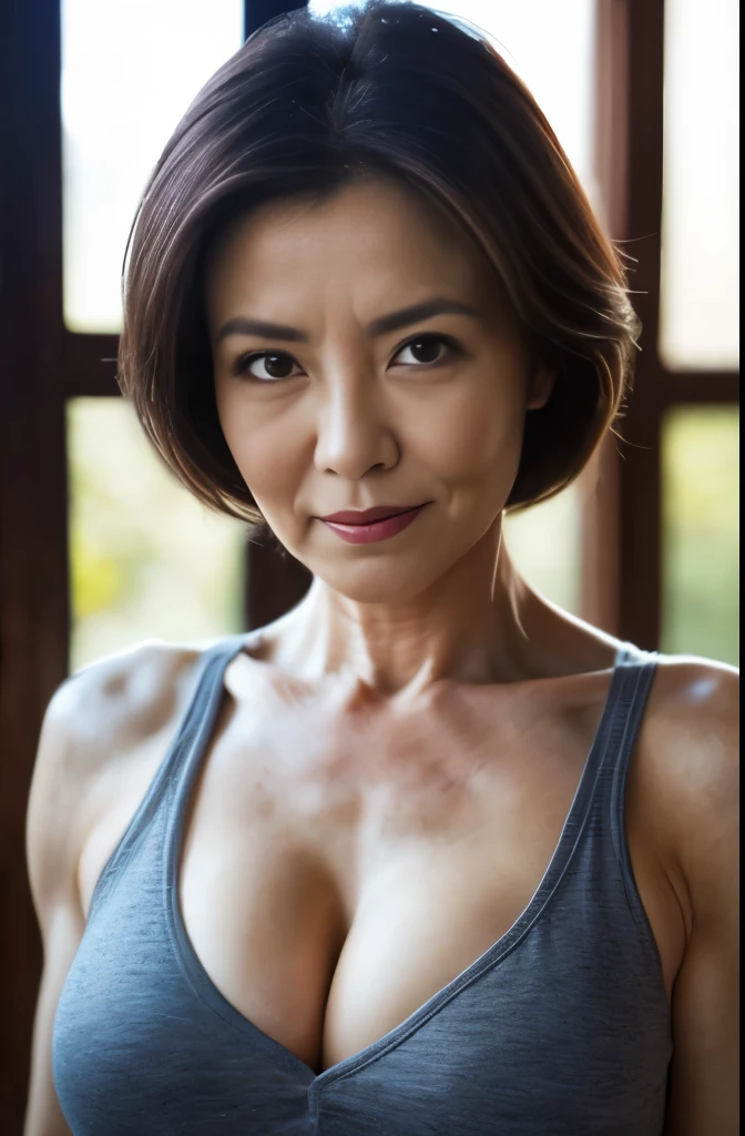 70 years old,(mature woman:1.4), captivating gaze,(((old gray hair))),brown eyes, (there are many wrinkles on her face:1.4), (There are many wrinkles on her chest1.1),old woman, detailed wrinkles (8K, High resolution,super high quality, super high quality,surreal,highest quality), (fit muscles:1.4), (big breasts,big breastsの谷間:1.2) ,(old woman in Japan) ,nude,nipples,eyes visible through hair, correct eye position,cinematic light,soft light,waist,At night,soft moonlight,Detailed color grading background,Complex, very detailed,8K,overall silhouette,Bedroom,look down,smile,whole body,whole body, ((she looks like she's going to beat you up in a fight:1.2)), sexy