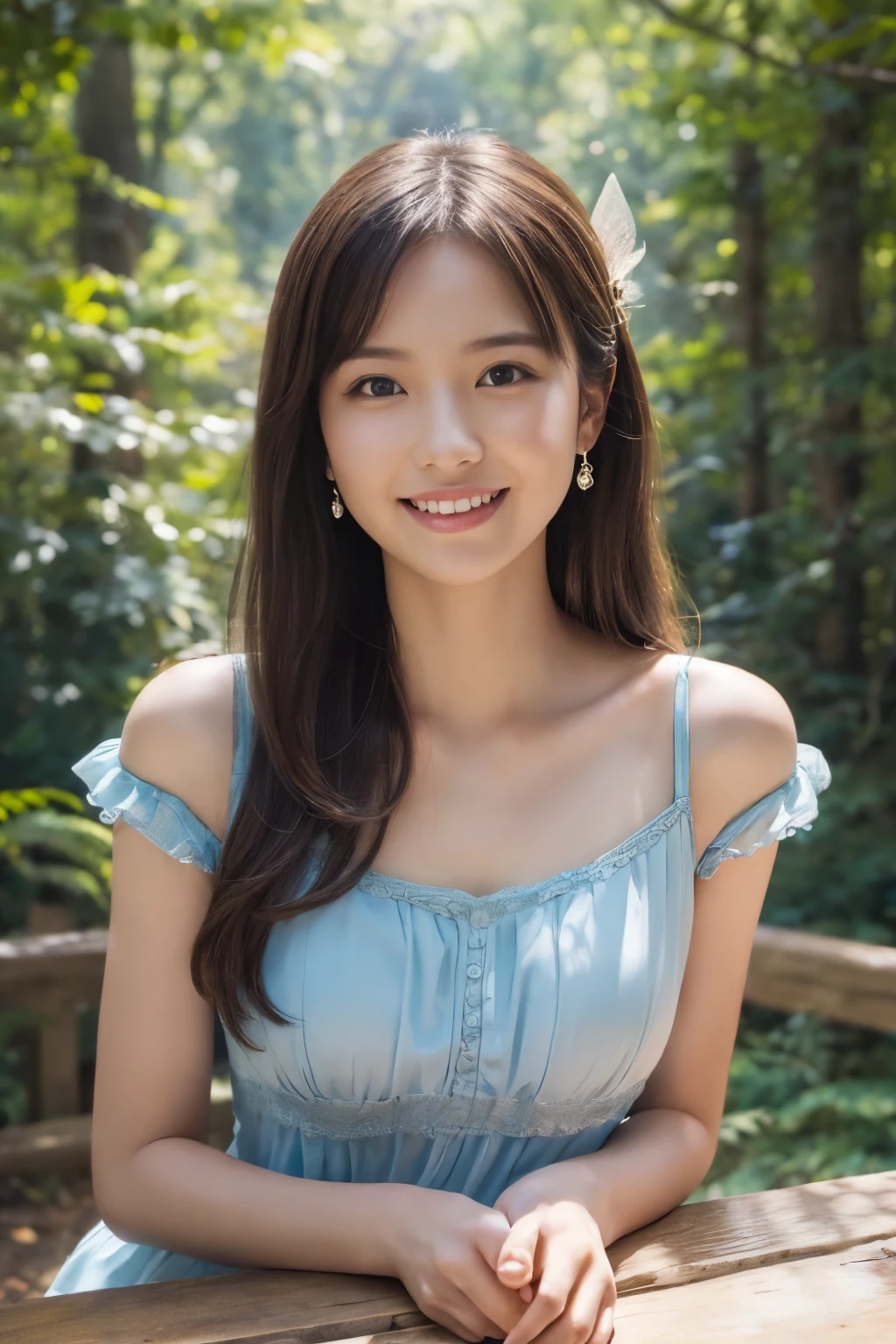 ((table top:1.4, highest quality)), (realistic pictures:1.4), 
((1 girl)), 
(超High resolution:1.2), very delicate and beautiful, wonderful, Highly detailed CG Unity 8k wallpaper, Super detailed, High resolution, 
soft light, beautiful detailed girl, highly detailed eyes and face, beautifully detailed nose, beautiful and detailed eyes, 
(princess of fairyland:1.3), 
cinematic lighting, perfect anatomy, slender body, , 
(little house in the forest:1.3), 
cowboy shot, looking at the viewer, smile
