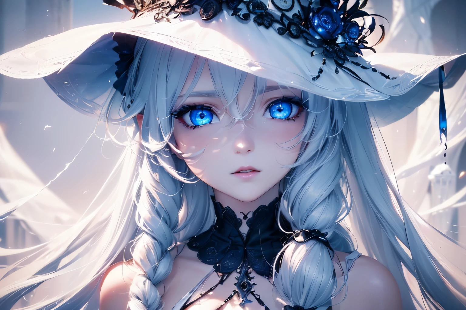 4K quality:1.2,1girl,sense of deps,disorganized,catch light,Super beautiful illustration,((White,long hairstyles:1.3)),dark dark eyeshadow,(((4k,super beautiful,In detail,blue eyes))),bright red lipstick,gothic lolita,;D,beautiful and delicate hair