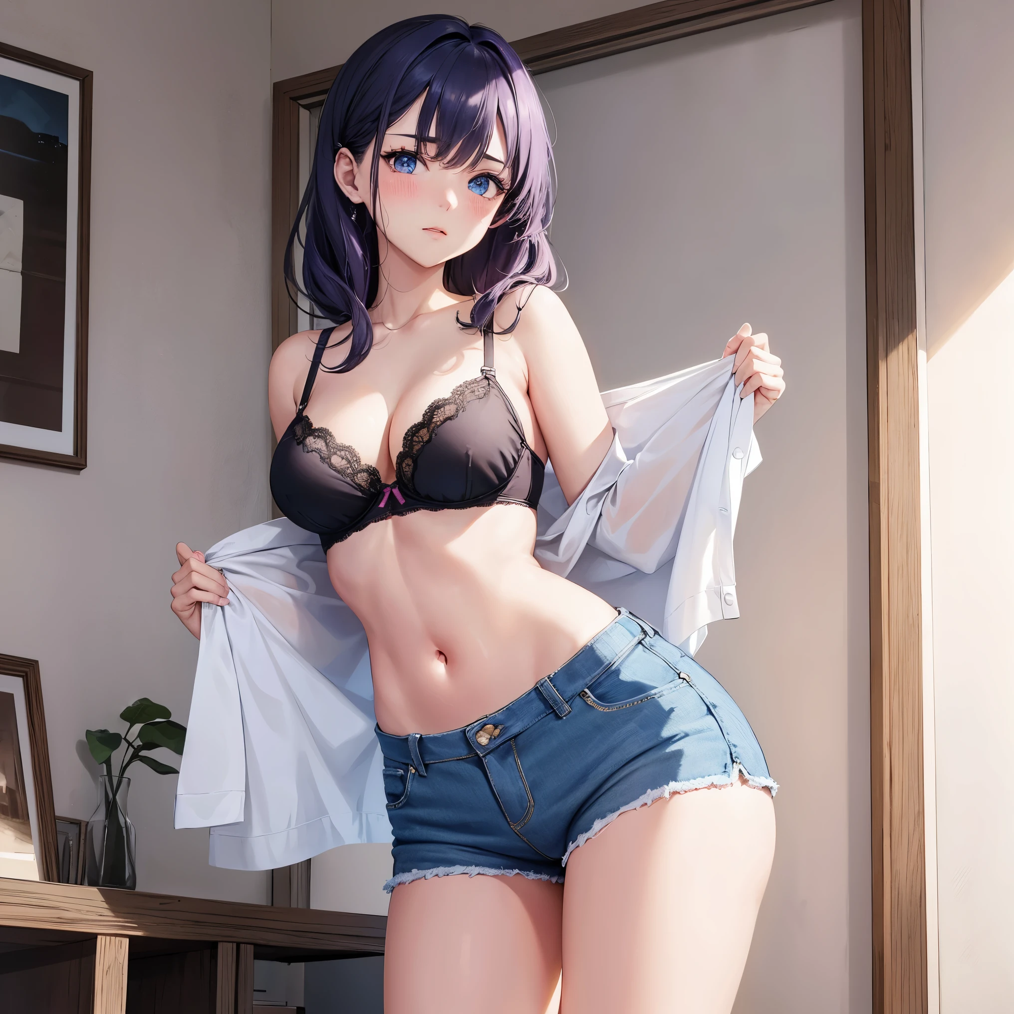 (masterpiece, top quality, best quality, official art, beautiful and aesthetic:1.2), 1girl, breasts, solo, navel, bra, cleavage, blush, underwear, blue_eyes, shorts, black_bra, large_breasts, purple_hair, looking_at_viewer, bangs, collarbone, dolphin_shorts, short_shorts, closed_mouth, bare_shoulders, blue_shorts, shirt, stomach, undressing, hair_reaching_shoulders, white_shirt, open_clothes, sweat, standing, bedroom, scared, nervous