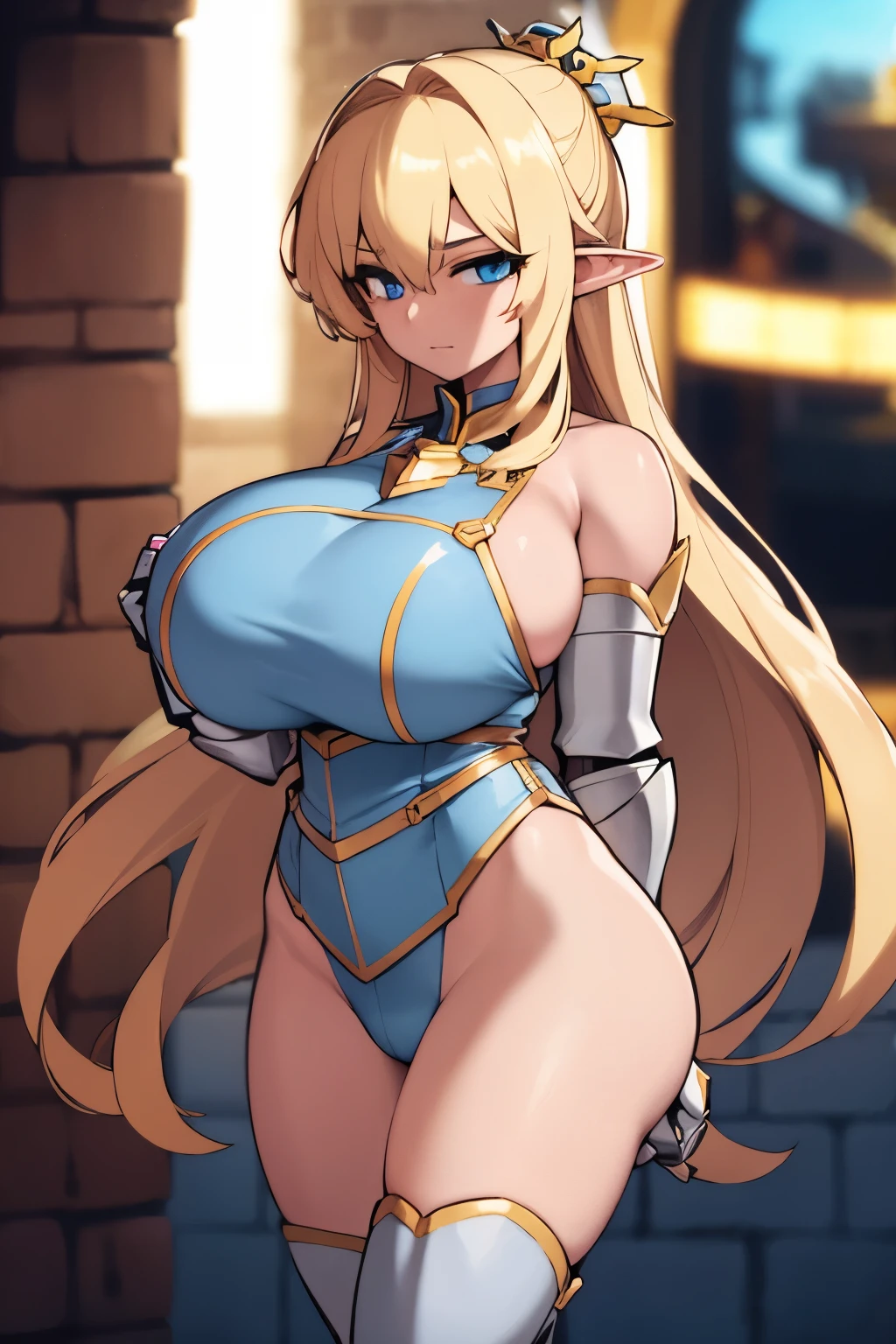 1girl, elf, huge , blonde hair, blue eye, white and golden holy knight armor, hand behind back