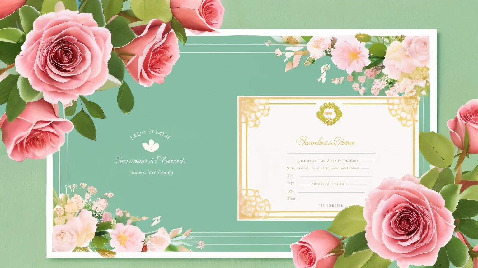 A pastel rose flower garden, idyllic and picturesque, spreading its soft hues on a postcard-perfect scene. The flowers are flat, arranged beautifully on the invitation for a rustic wedding, their delicate petals radiating an ethereal charm. The sun casts warm, golden rays upon the garden, highlighting every intricate detail and adding to the inviting allure. Green leaves provide contrast to the pink roses, creating a harmonious balance between nature's simplicity and its vivid beauty. The background blurs slightly, drawing focus to the enchanting floral arrangements and the promise of a memorable event. This postcard-inspired design, with its fine-detailed beauty and