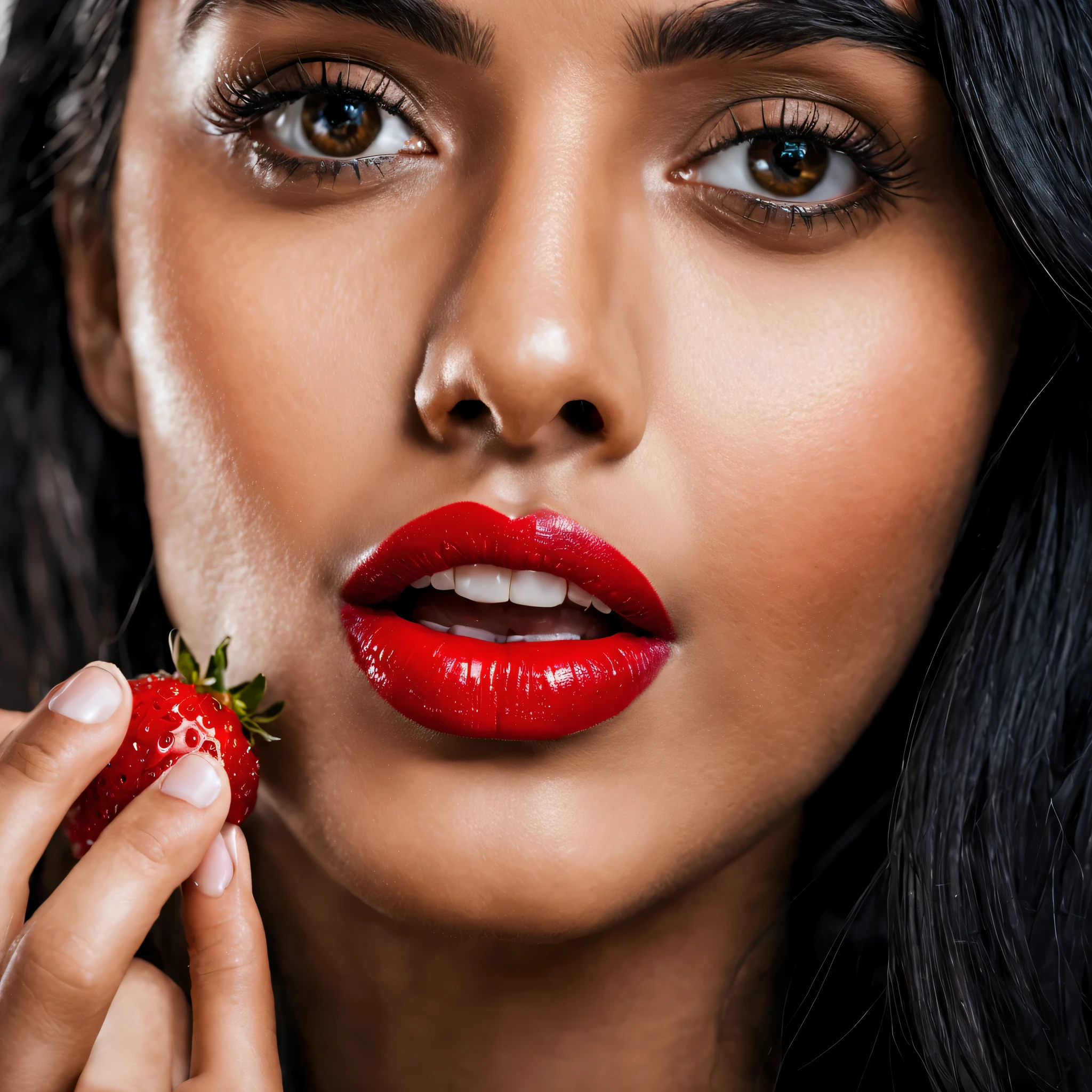 Female north Indian model in mid twenties, fair complexion, Long Black hair, Oval Face cut. Face close-up sexy photo that focuses on a her mouth. The lips are coated in a glossy, vivid red lipstick, which complements the bright red of the strawberry that is being held between her white teeth. Photographed by Elena Iv-skaya, using a Hasselblad H6D-100c with a macro lens, Award Winning Photography style, Softbox studio lighting with a hint of natural light, 8K, Ultra-HD, Super-Resolution.