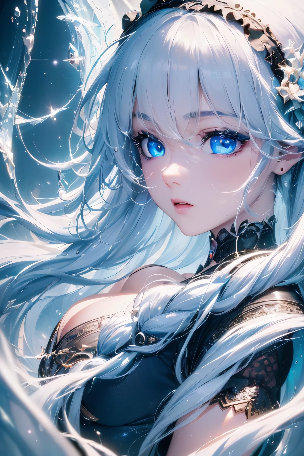 4K quality:1.2,1girl,sense of deps,disorganized,catch light,Super beautiful illustration,((White,long hairstyles:1.3)),dark dark eyeshadow,(((4k,super beautiful,In detail,blue eyes))),bright red lipstick,gothic ta,;D,beautiful and delicate hair