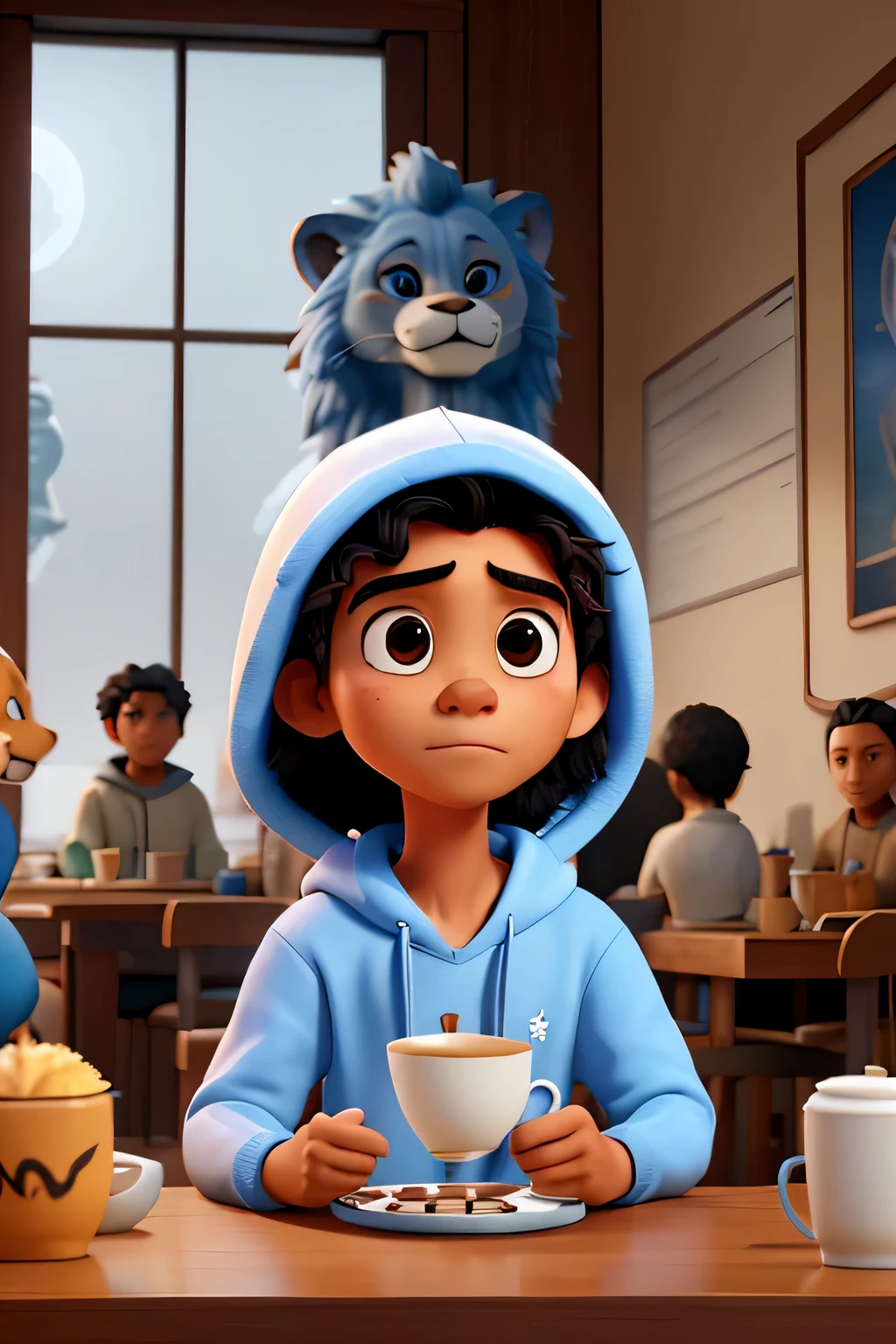 amazing image of a young Indonesian man with frizzy hair, confused facial expression, wearing a white hoodie with the words "wawan" visible in the middle, sitting in the middle of a group of lions while enjoying a cup of coffee with a blue mug, with several lions looking in surprise at the person, 8k resolution Disney Pixar
