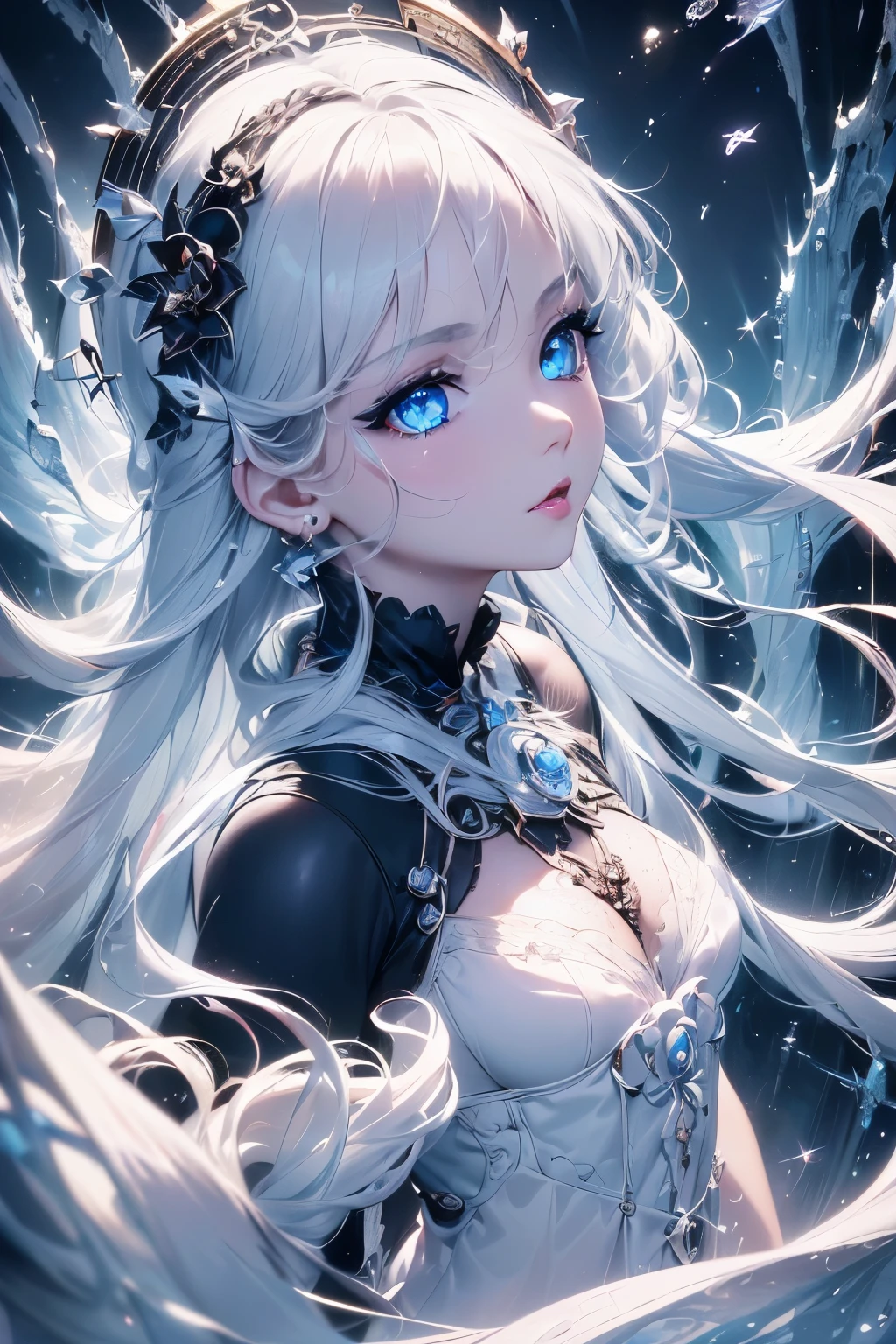 4K quality:1.2,1girl,sense of deps,disorganized,catch light,Super beautiful illustration,((White,long hairstyles:1.3)),dark dark eyeshadow,(((4k,super beautiful,In detail,blue eyes))),bright red lipstick,gothic lolita,;D,beautiful and delicate hair