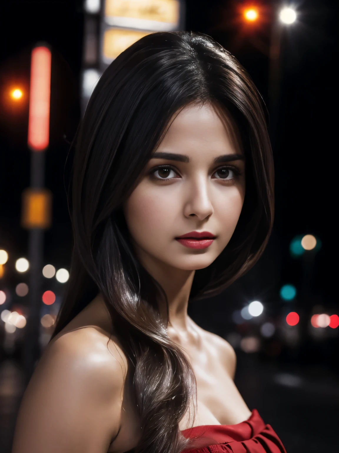 (Masterpiece), (Realistic), (best quality), (8K), ultra-detailed, UHD, young beautiful white arab woman, red lips, little delicate nose, , (small arched eyebrows), round face shape, most beauty young woman, extremely beautiful, very cute, dark brown eyes, black hair, 165 tall, wearing a beautiful strapless red dress, (kneel+at the empty city street+at night), vulnerable and serious expression