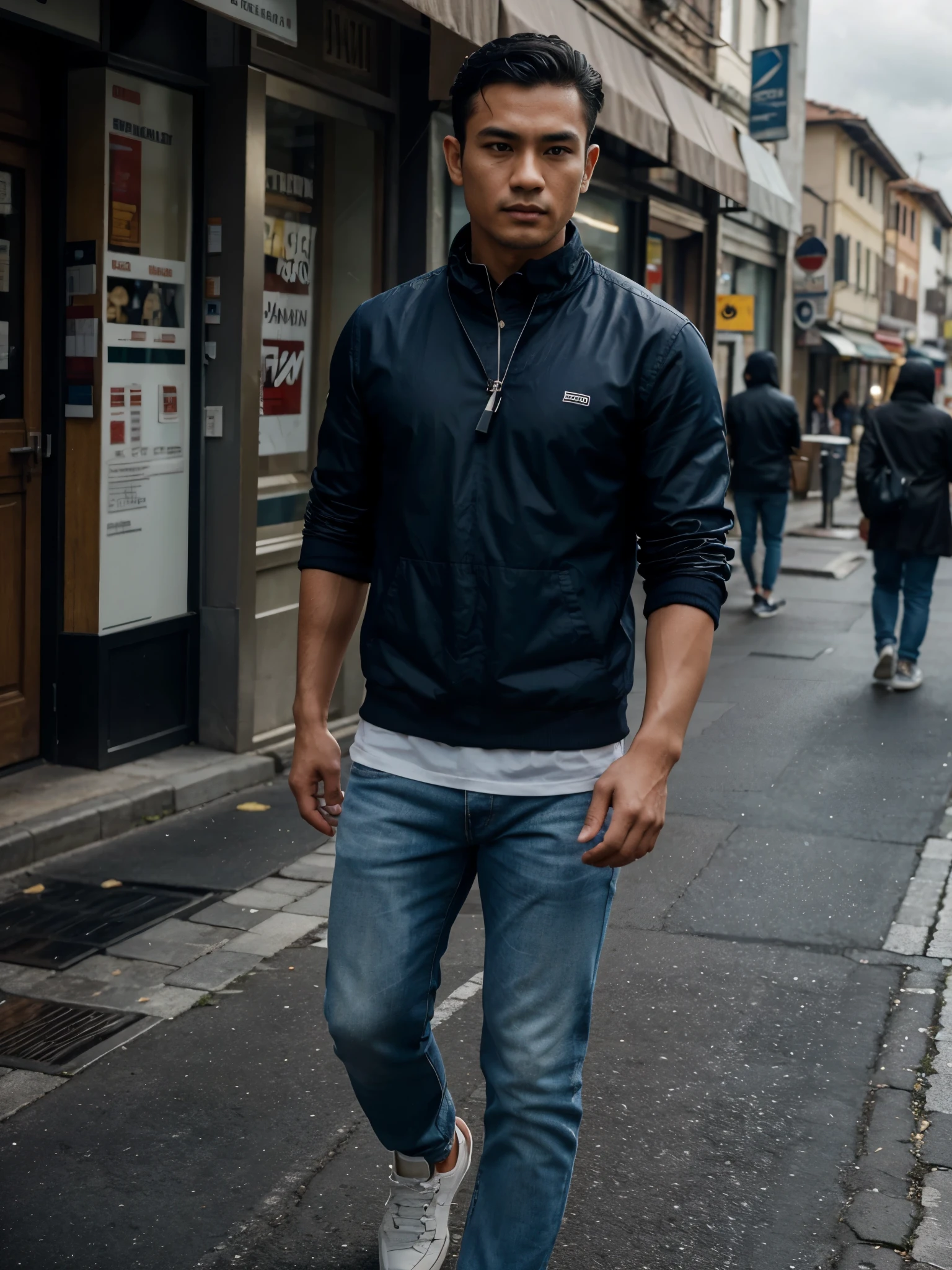 A handsome indonesian man, 26 years old with olive skin, clean face without bard, stands tall with a proportional body and short wavy black hair. Wearing t-shirt and a jacket, he wears blue jeans and sneakers on his feet, he carrying big sword and walks forward with purpose.handset gaming hanging in his neck, The milan street road serves as the background, shrouded in a cloudy, cinematic atmosphere. The scene is very detailed, with hyper-realistic textures capturing every crease and wrinkle on his face and clothing. The full-body shoot angle ensures a sharp focus on the man, making every feature and detail evident, 