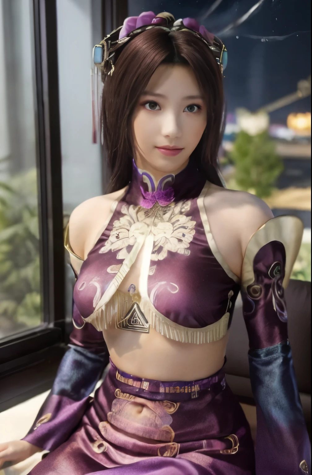 (night:1.7), cyber punk_City view, in front of the window,
sitting at attention,sitting on the sofa,
紫colorの衣装,just_shoulder,Chinese_Clothes,separated_sleeve,pink dress,
jewelry,earrings,belly button,茶color_hair,茶color_eye,hair_ornament,hair_flower,multicolored_hair,
1 girl, 18-year-old,young woman,beautiful Finger,beautiful long legs,beautiful body,beautiful Nose,beautiful character design, perfect eye, perfect face,
looking at the viewer, (innocent_big_eye:1.0),(No expression:1.3),
NSFW,official art,Highly detailed CG Unity 8k wallpaper, perfect lighting,colorful, bright_front_face_lit,
(masterpiece:1.0),(Highest_quality:1.0), 超High resolution,4k,super detailed,
photograph, 8k, HDR, High resolution, disorganized:1.2, kodak portrait 400, film grain, blurred background, Bokeh:1.2, Lens flare, (lively_color:1.2)
(beautiful,big_chest:1.4), (beautiful_face:1.5),(narrow_waist),