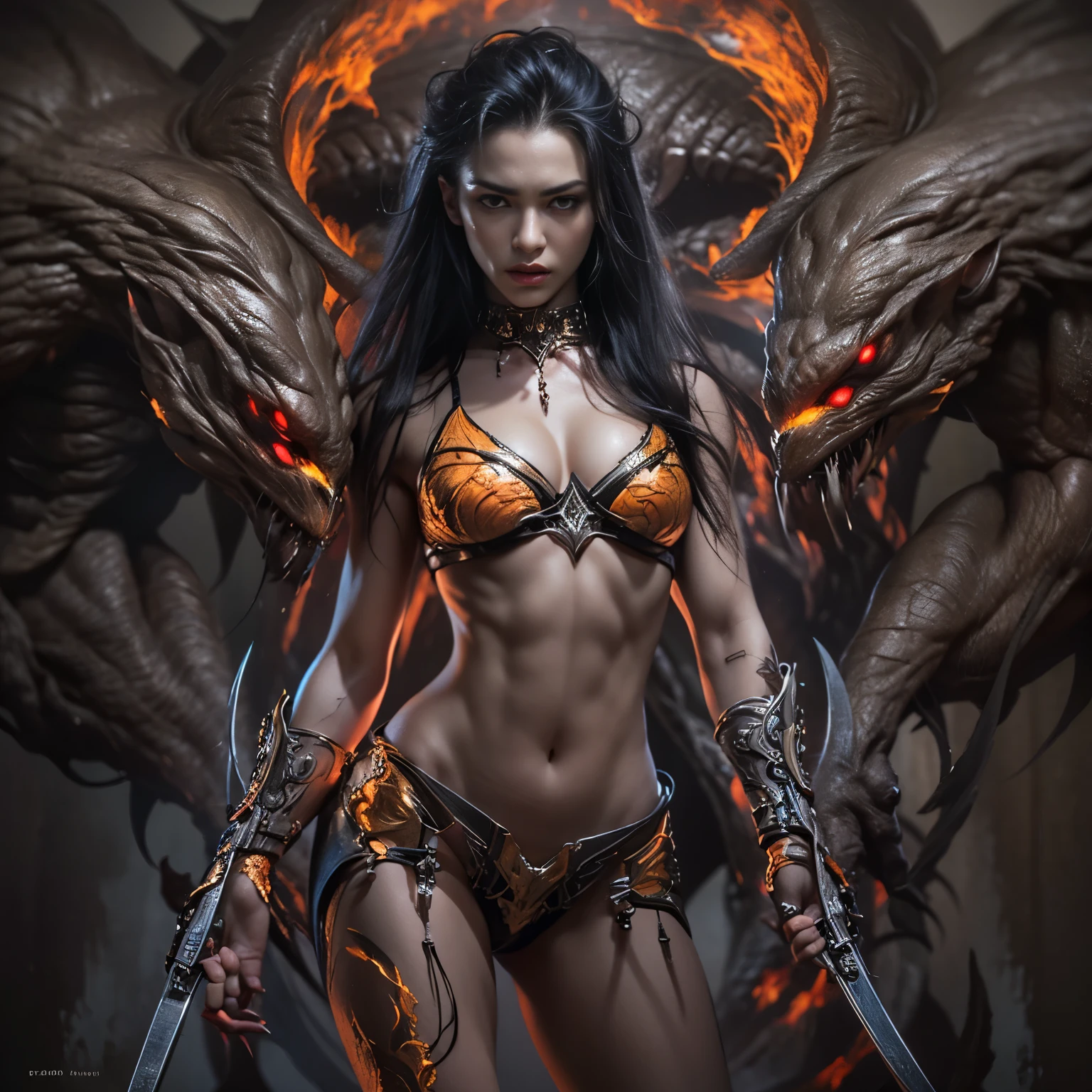 1 female alien, The predator, (extremely beautiful:1.2), (intense gaze:1.4), (predator:1.1), long dark claws, (NSFW:0.8), nipples, thick eyebrows, (She has shining orange eyes:1.2), the most beautiful face in the universe,  jet black hair, symmetrical beautiful eyes, hyper detailed eyes,

A woman predator with an extremely beautiful face, her intense gaze fixed on her prey, a primal force that could not be denied.

(beautiful lean body:1.5), (muscular build:1.2), (prowling:1.3), (sleek movements:1.4)

Her beautiful body, muscular and toned, moved with sleek grace as she prowled, ready to strike at a moment's notice. The predator within her was always on,                                                                          
                                                                                                                                                               
 cinematic drawing of characters, ultra high quality model, cinematic quality, detail up, (Intricate details:1.2), High resolution, High Definition, drawing faithfully, Official art, Unity 8K wall , 8K Portrait, Best Quality, Very High resolution, ultra detailed artistic photography,