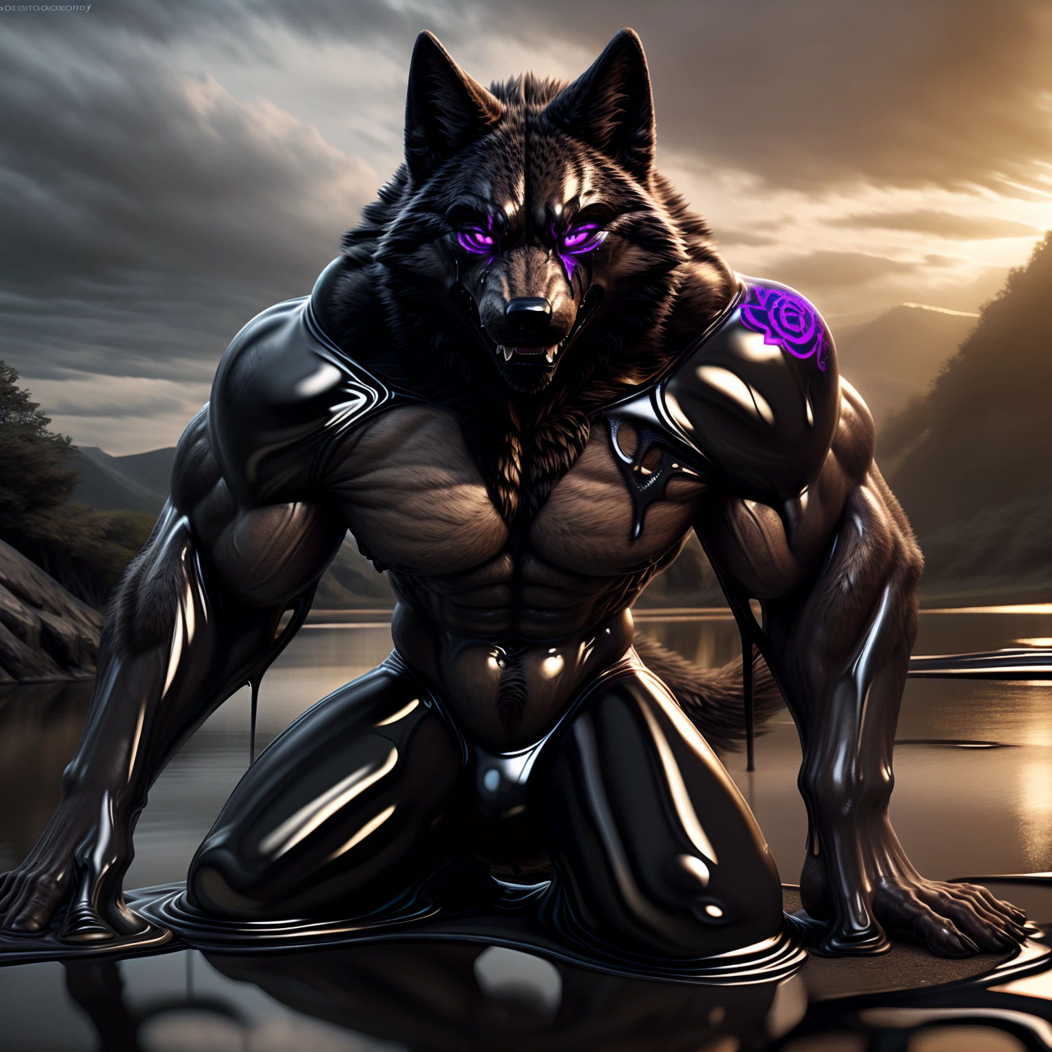 A muscular wolf, ((glowing purple snake eyes)), (((purple latex skin))), ((showing off his thigh)) in a ((goo lake)). (((glowing purple tribal tattoo))), exposing its strength and power. The wolf's body is covered in shiny latex. The atmosphere is mysterious and dark. The high-quality, 4k resolution captures every detail of the wolf's muscular physique and the intricate pattern of its tattoo. The artwork is a masterpiece.