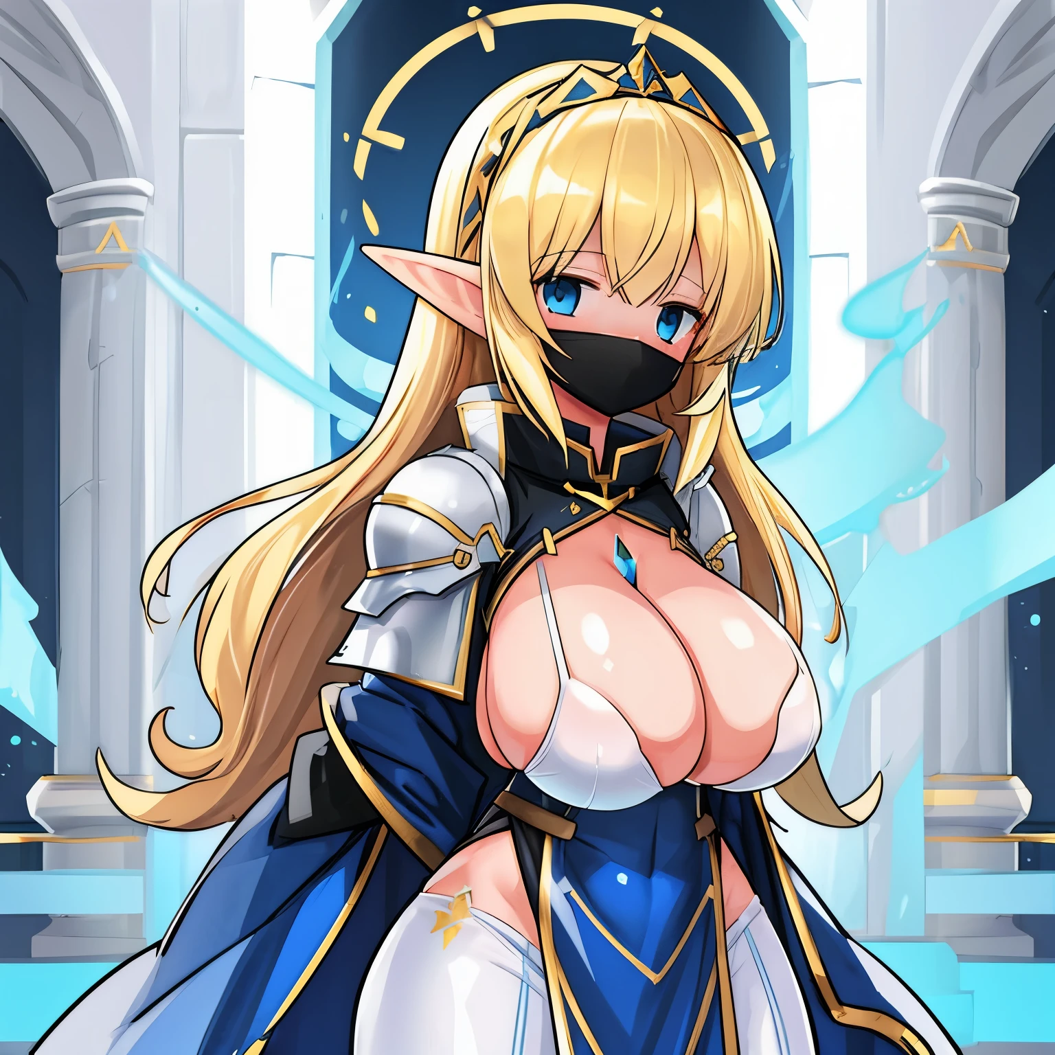 1girl, elf, huge tits, blonde hair, blue eye, white and golden holy knight armor, hand behind back