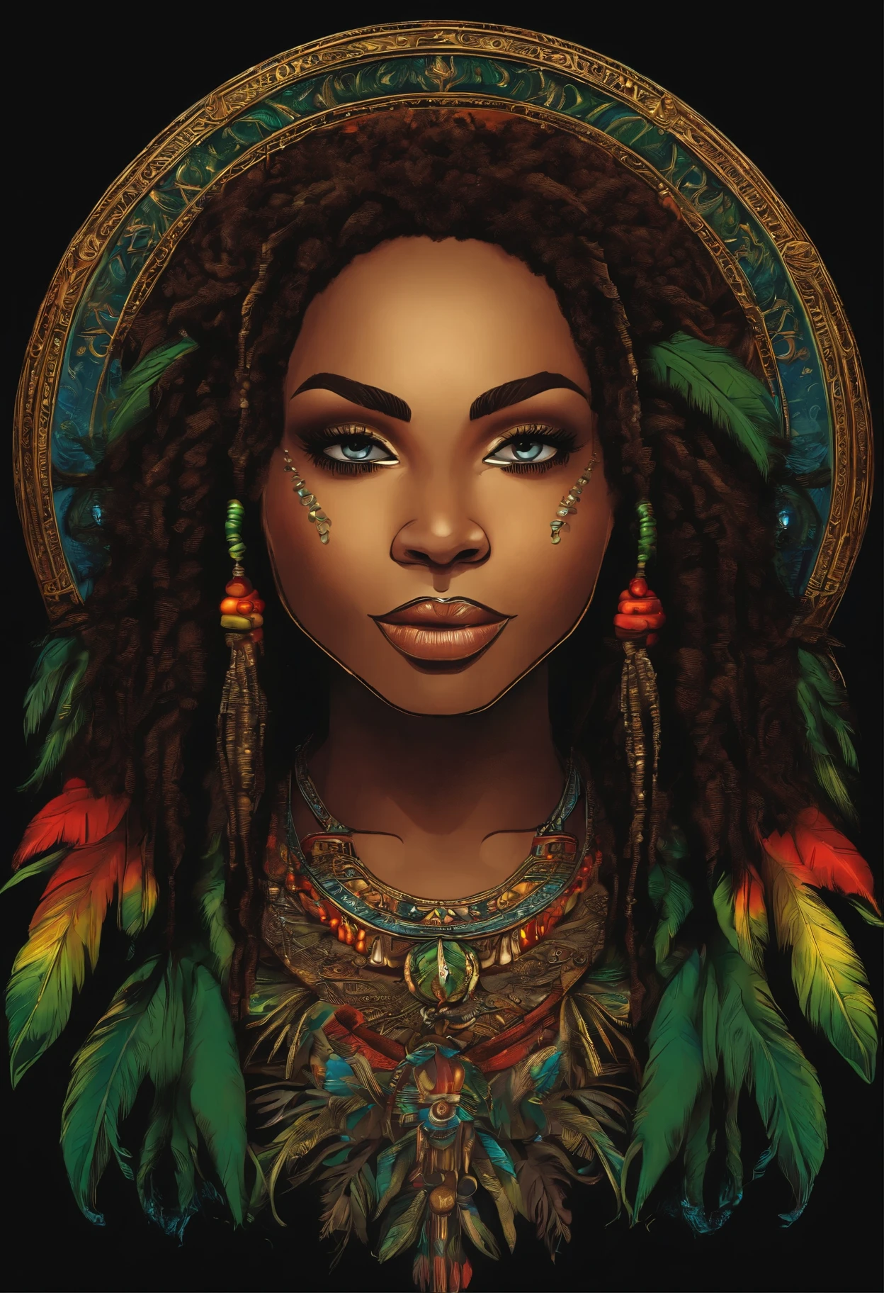 t-shirt art, 2D, ((black background :1, 5)), vector, vivid colors, chibi rasta outfit character, masterpiece, best quality, intricate details, perfect symmetrical face, realistic details, gothic theme, rim light, moonlight, cinematic shading, Greg Rutkowisk