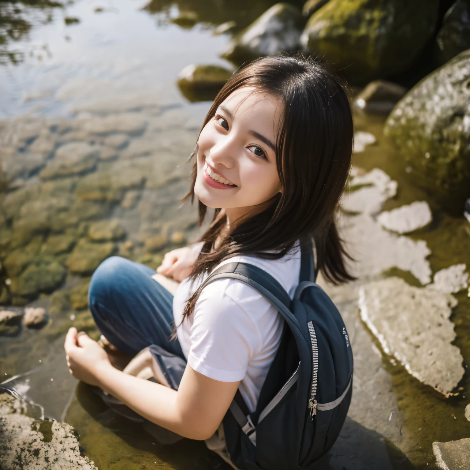In 8K、highest quality、masterpiece、Super detailed、ultra high resolution、mountain girl、young、girl、mountain climbing、smile、rucksack、cute、in front of my eyes、hot spring、