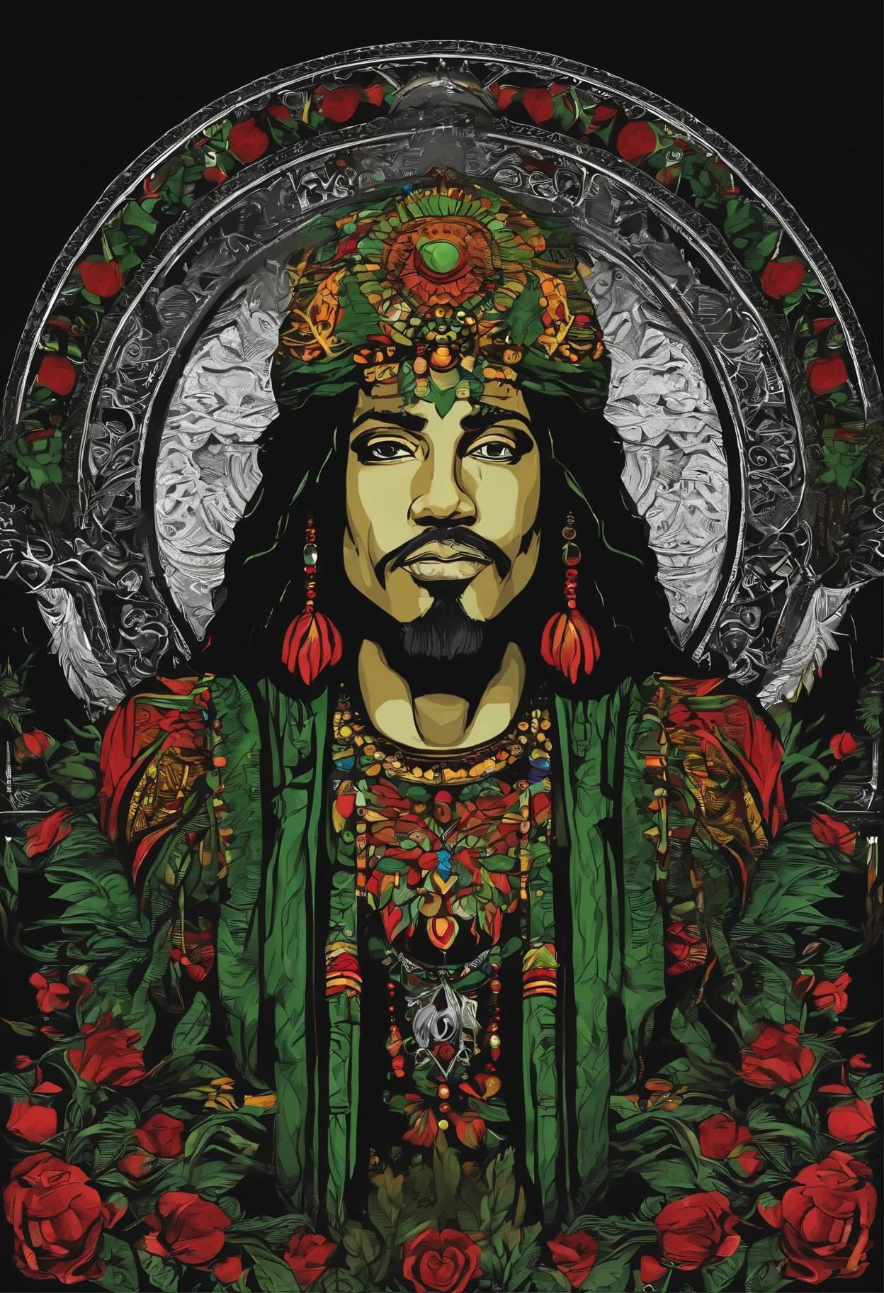 t-shirt art, 2D, ((black background :1, 5)), vector, vivid colors, chibi rasta outfit character, masterpiece, best quality, intricate details, perfect symmetrical face, realistic details, gothic theme, rim light, moonlight, cinematic shading, Greg Rutkowisk