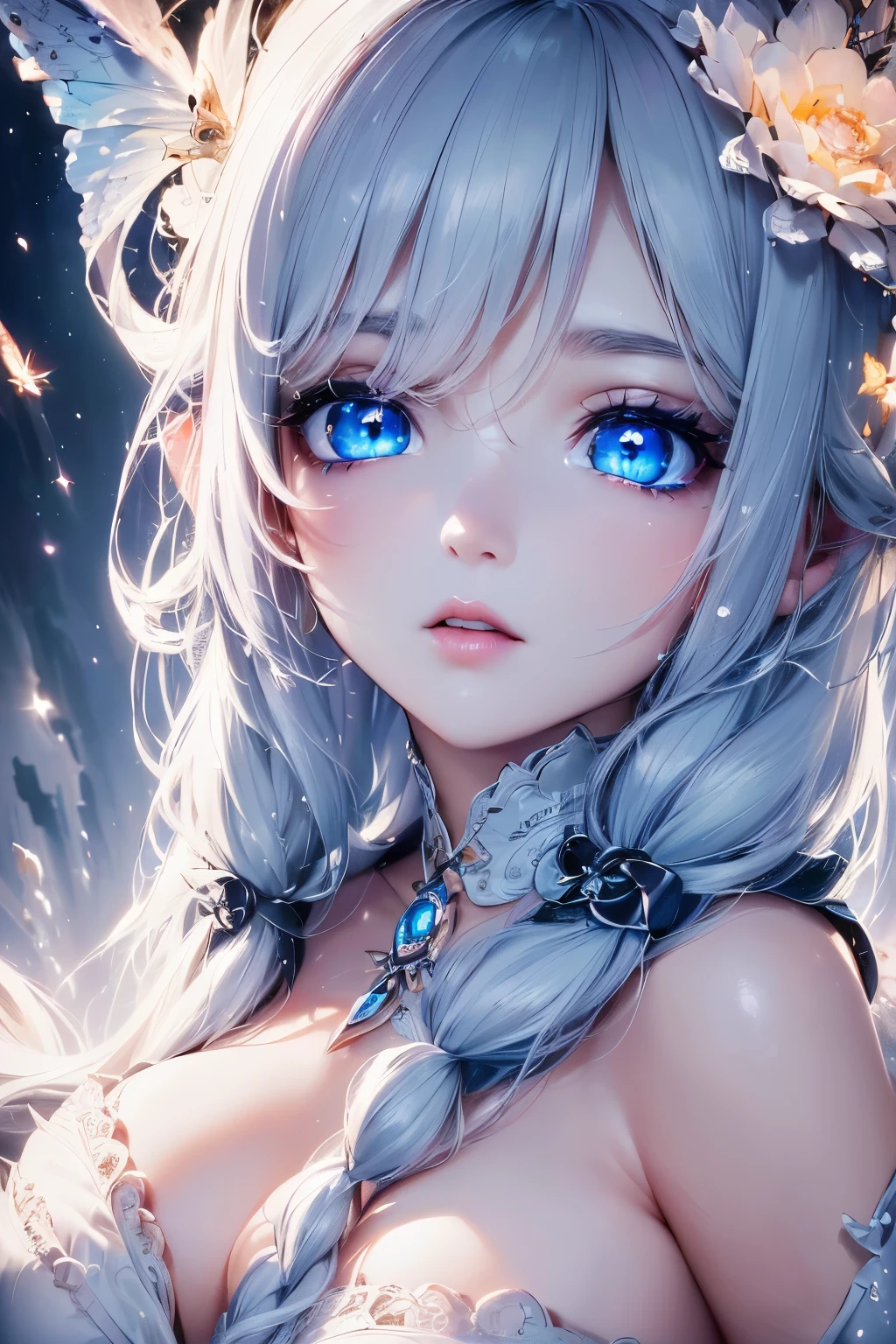 4K quality:1.2,1girl,sense of deps,disorganized,catch light,Super beautiful illustration,((White,long hairstyles:1.3)),dark dark eyeshadow,(((4k,super beautiful,In detail,blue eyes))),bright red lipstick,gothic lolita,;D,beautiful and delicate hair