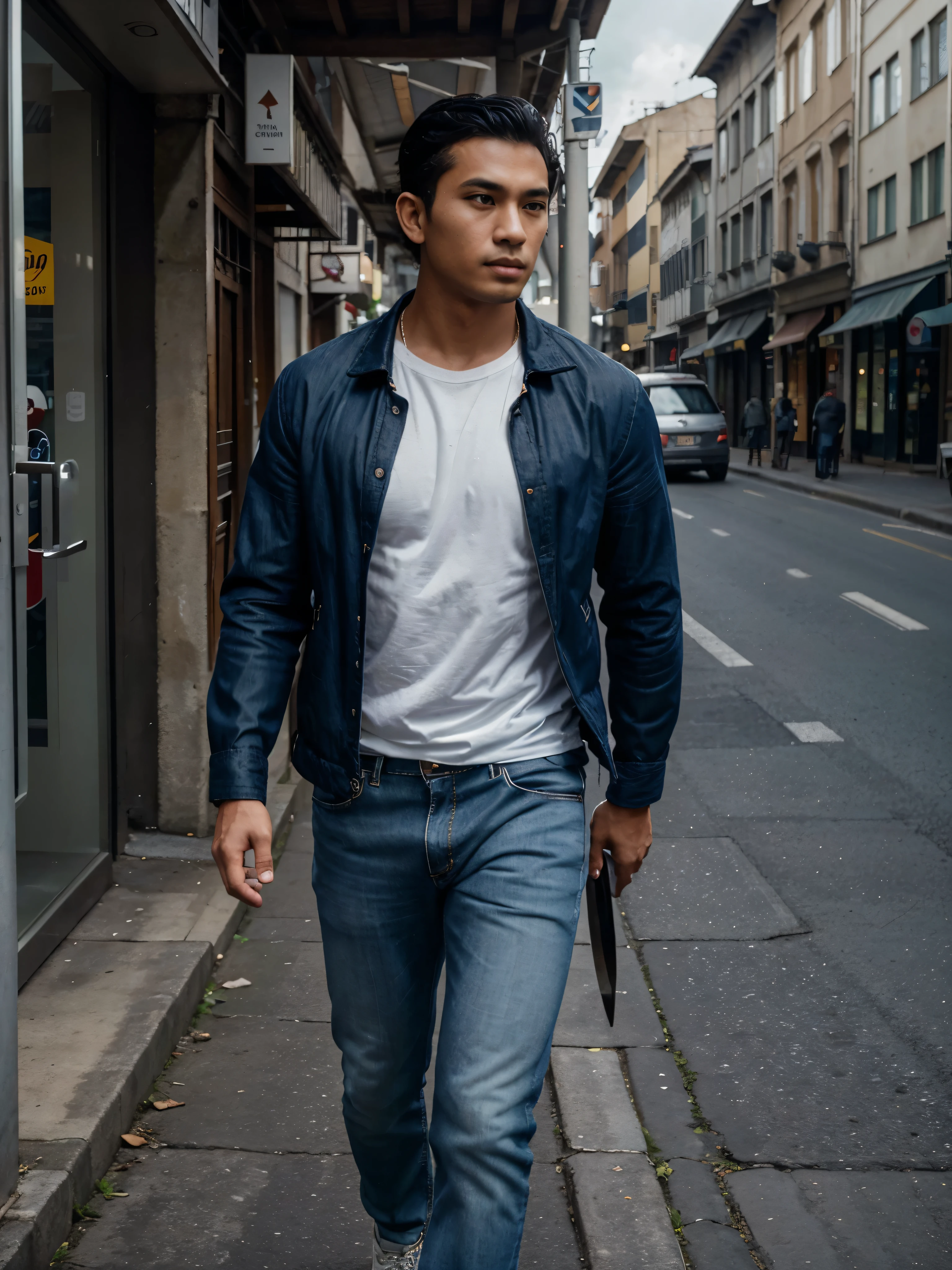 A handsome indonesian man, 26 years old with olive skin, clean face without bard, stands tall with a proportional body and short wavy black hair. Wearing t-shirt and a jacket, he wears blue jeans and sneakers on his feet, he carrying big sword and walks forward with purpose.handset gaming hanging in his neck, The milan street road serves as the background, shrouded in a cloudy, cinematic atmosphere. The scene is very detailed, with hyper-realistic textures capturing every crease and wrinkle on his face and clothing. The full-body shoot angle ensures a sharp focus on the man, making every feature and detail evident,