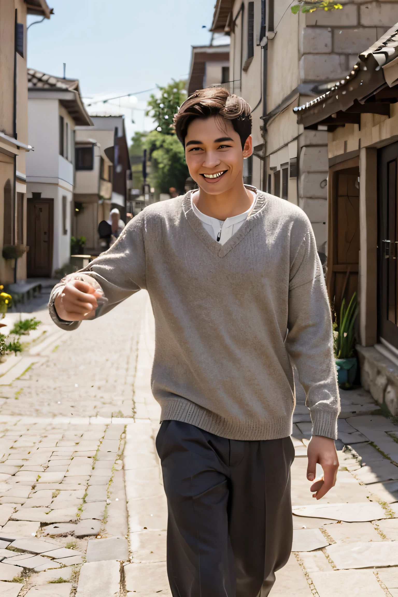 a young man walking through the village with a newfound spring in his step, greeting his neighbors with warmth and spreading joy wherever he goes.