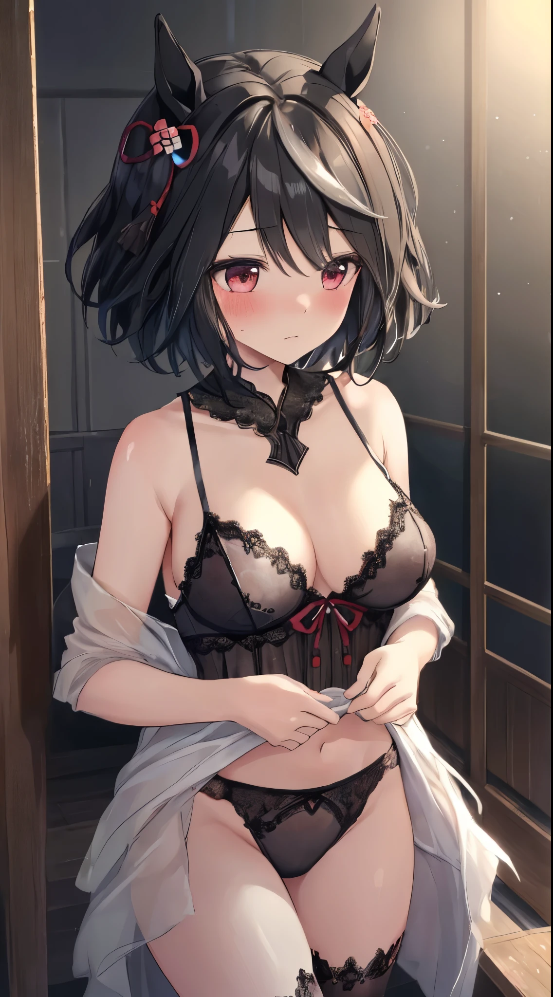(best quality:1.5),Kitasan,black hair,short hair,animal ears,hair accessory,shy expression,blushing,beautiful breasts:1.2,horse tail,in lingerie:1.2,medium:oil painting,detailed brushwork,dreamy atmosphere,vivid colors,soft lighting