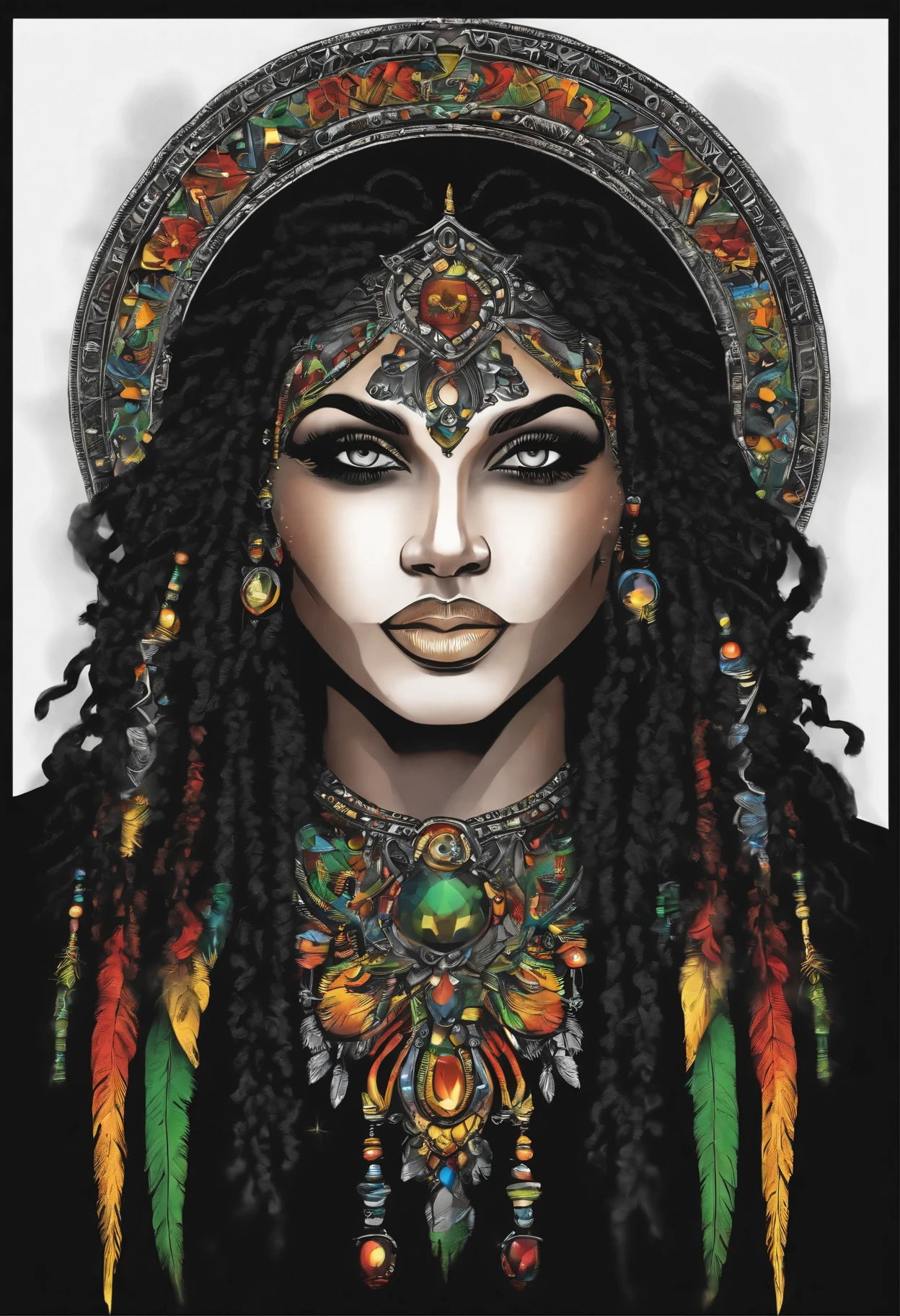 t-shirt art, 2D, ((black background :1, 5)), vector, vivid colors, chibi rasta outfit character, masterpiece, best quality, intricate details, perfect symmetrical face, realistic details, gothic theme, rim light, moonlight, cinematic shading, Greg Rutkowisk