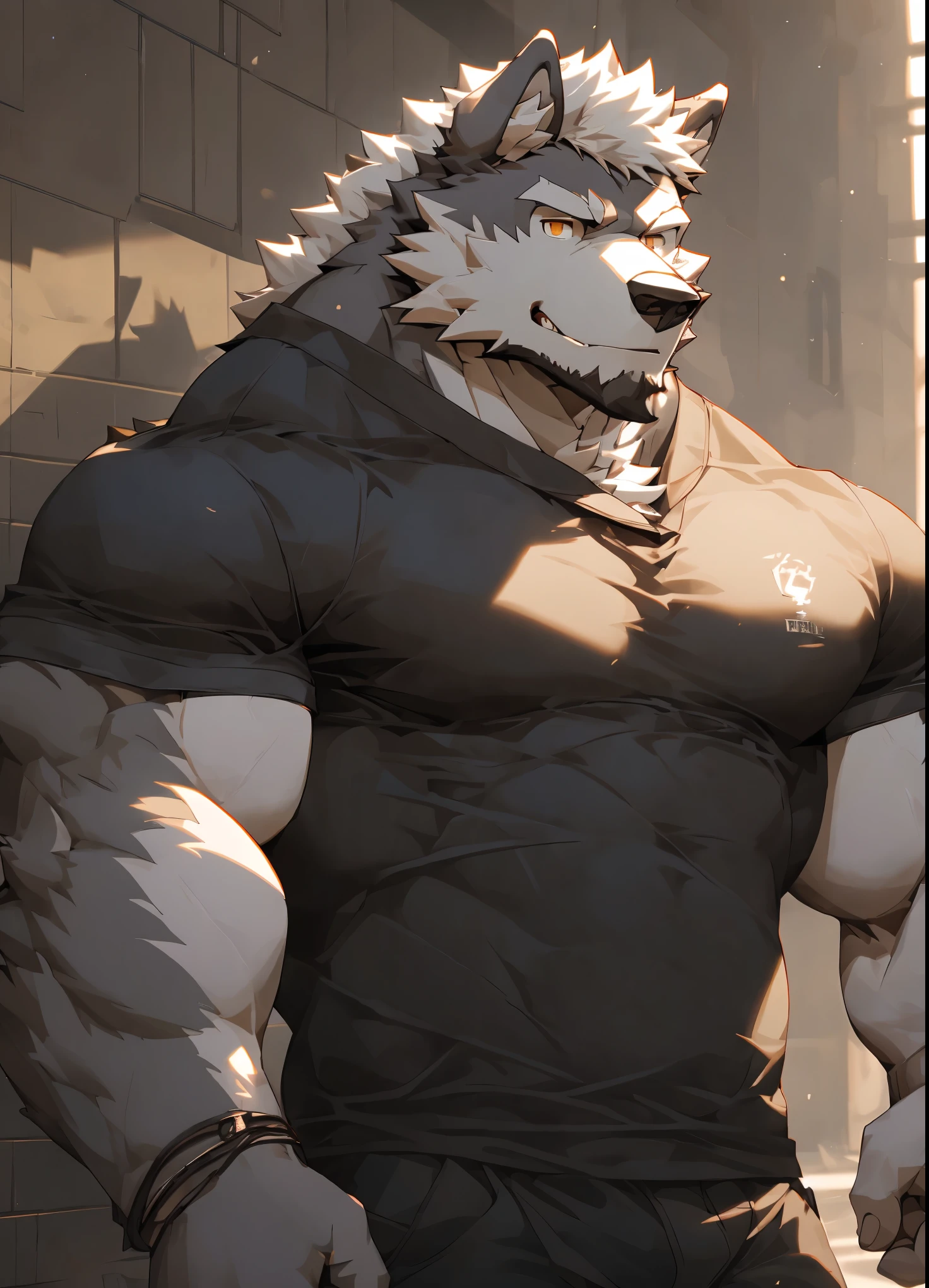 (masterpiece),(Very detailed),(Very detailed),(best quality),hairy,Wolf,gray fur,white hair,golden pupils,muscular,Strong build,smirk,(Black casual wear (Open 1.2)),((wall shot)),8k,((high quality))