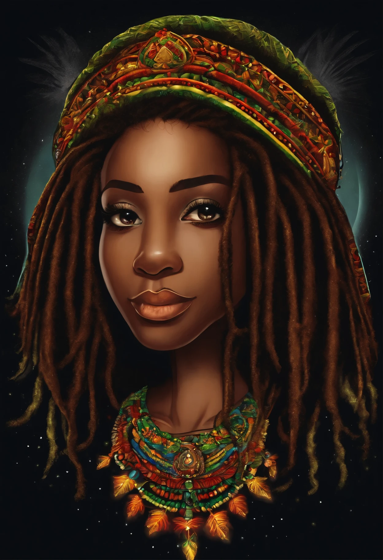 t-shirt art, 2D, ((black background :1, 5)), vector, vivid colors, chibi rasta outfit character, masterpiece, best quality, intricate details, perfect symmetrical face, realistic details, gothic theme, rim light, moonlight, cinematic shading, Greg Rutkowisk