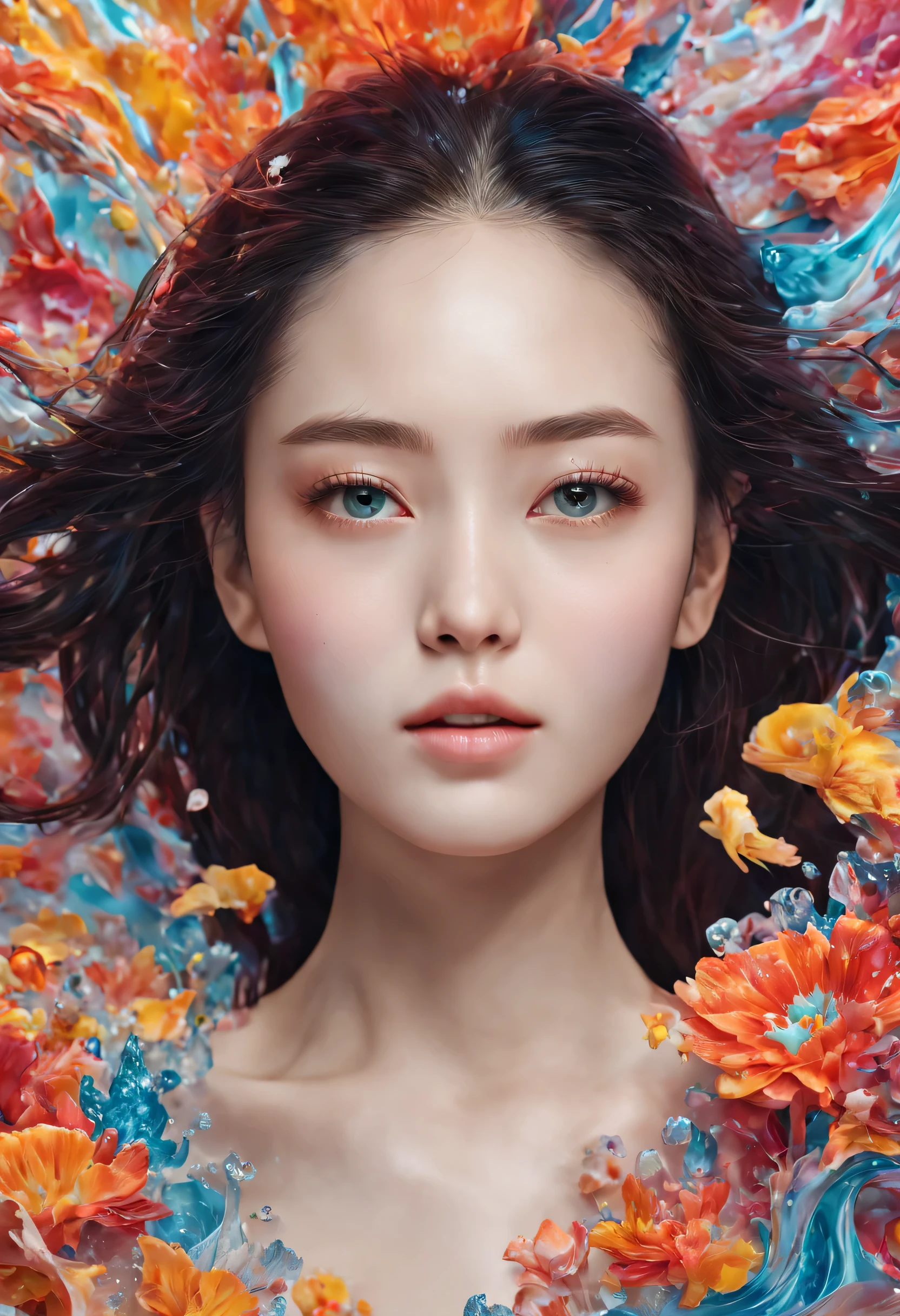 Beautiful woman、High detail and quality、8k ultra hd、3D、bright colors、Seamless patterns、fabric art、art station、A number of colorful and detailed designs that combine magic and fantasy々、splash of water、wallpaper design aesthetics、white tone、realistic、super realistic、Impressive in full color。