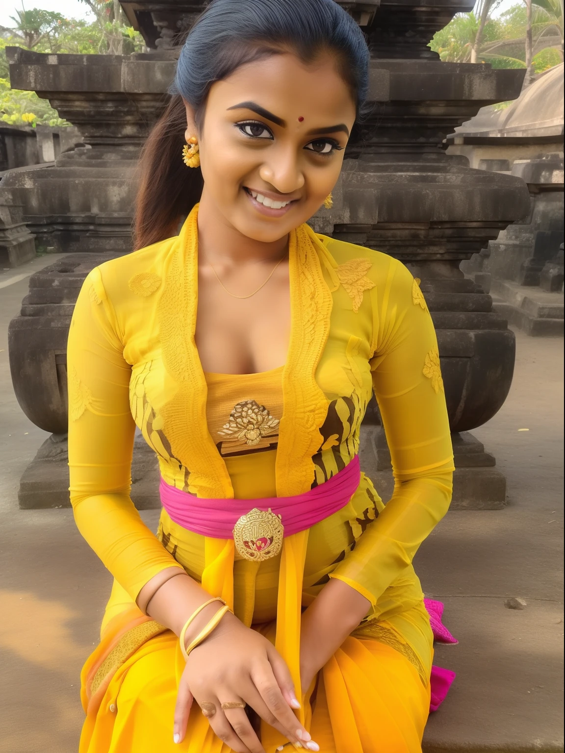 bengali girl, (yellow_kebaya_bali), (kebaya_bali), sunlight, sitting, nature, outdoors, detailed face, detailed eyes, huge  semi nude breasts, shiny skin, looking at the audience, (laughing cute: 1.2), (happy), (8k, RAW photo, best quality, masterpiece: 1.2), (realistic, realistic: 1.37), ultra-high resolution,
