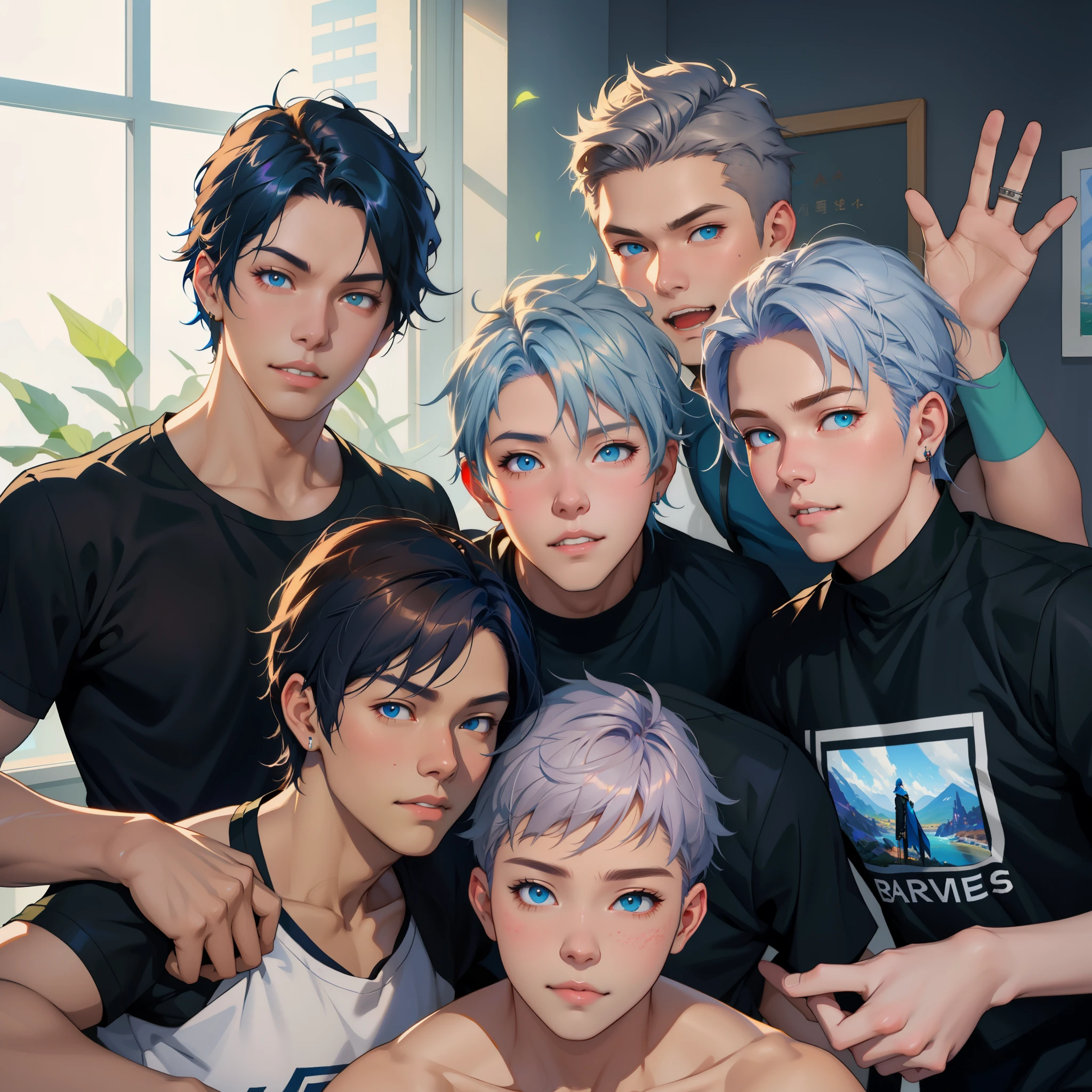 There are four smiling boys posing together for a photo in a room., fanart oficial, obra de arte al estilo de guweiz, realistic art style, Fanart detallado, fanart de alta calidad, inspirado en Yanjun Cheng, fanart exquisito muy detallado, digital anime illustration, fanart best art station, realism artistic style, guweiz en pixiv artstation