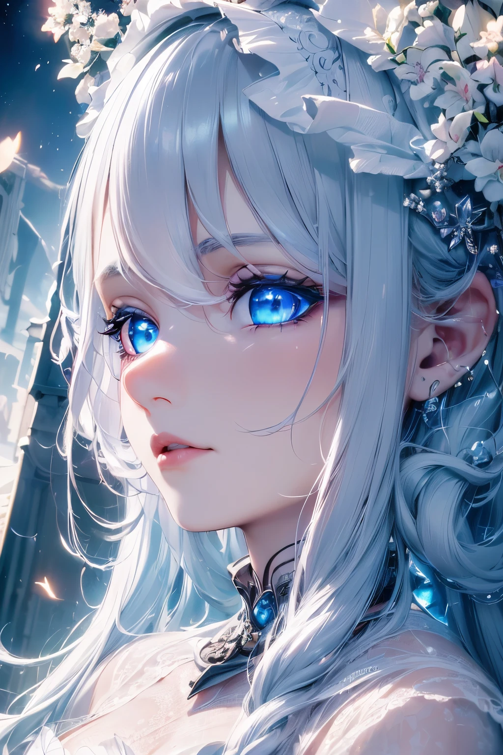 4K quality:1.2,1girl,sense of deps,disorganized,catch light,Super beautiful illustration,((White,long hairstyles:1.3)),dark dark eyeshadow,(((4k,super beautiful,In detail,blue eyes))),bright red lipstick,gothic lolita,;D,beautiful and delicate hair