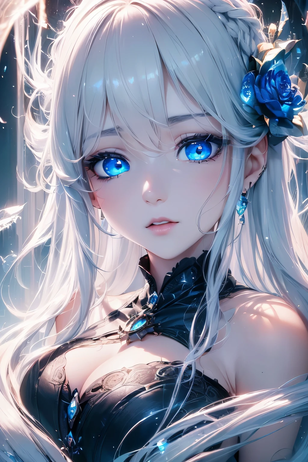 4K quality:1.2,1girl,sense of deps,disorganized,catch light,Super beautiful illustration,((White,long hairstyles:1.3)),dark dark eyeshadow,(((4k,super beautiful,In detail,blue eyes))),bright red lipstick,gothic lolita,;D,beautiful and delicate hair