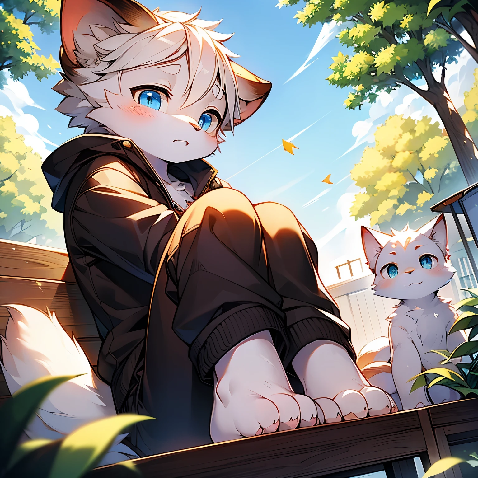 A sad white furry with blue eyes, sitting alone under the golden ginkgo leaves. The cat has a furry body, furry legs, furry paws, and a furry tail. The sunlight shines on the cat, creating volumetric lighting that enhances the detailed fur texture. The artwork should showcase the beauty of furry art, with a focus on the cat's expressive blue eyes and its cute and heartwarming face. The overall mood should convey a sense of sadness and loneliness, while still portraying the cat as incredibly adorable. The color tones should be warm and golden, inspired by the sunlight filtering through the leaves. The lighting should accentuate the cat's features and create a serene atmosphere.