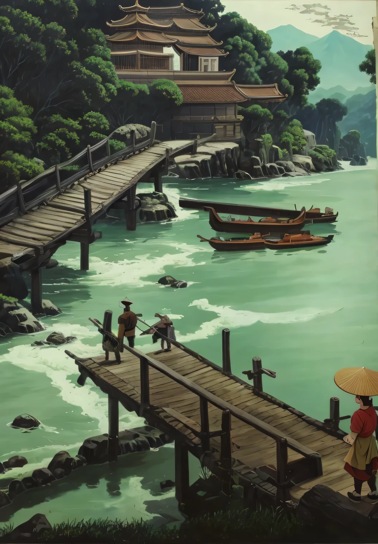 there is a painting of a man standing on a bridge, phuoc quan, illustrated novel, do hoang tuong artwork, toph bei fong, front cover of a new video game, inspired by Eiichiro Oda, hoang long ly, legend of korra setting, hoang lap, inspired by Hong Ren, large view, album art, vietnamese temple scene