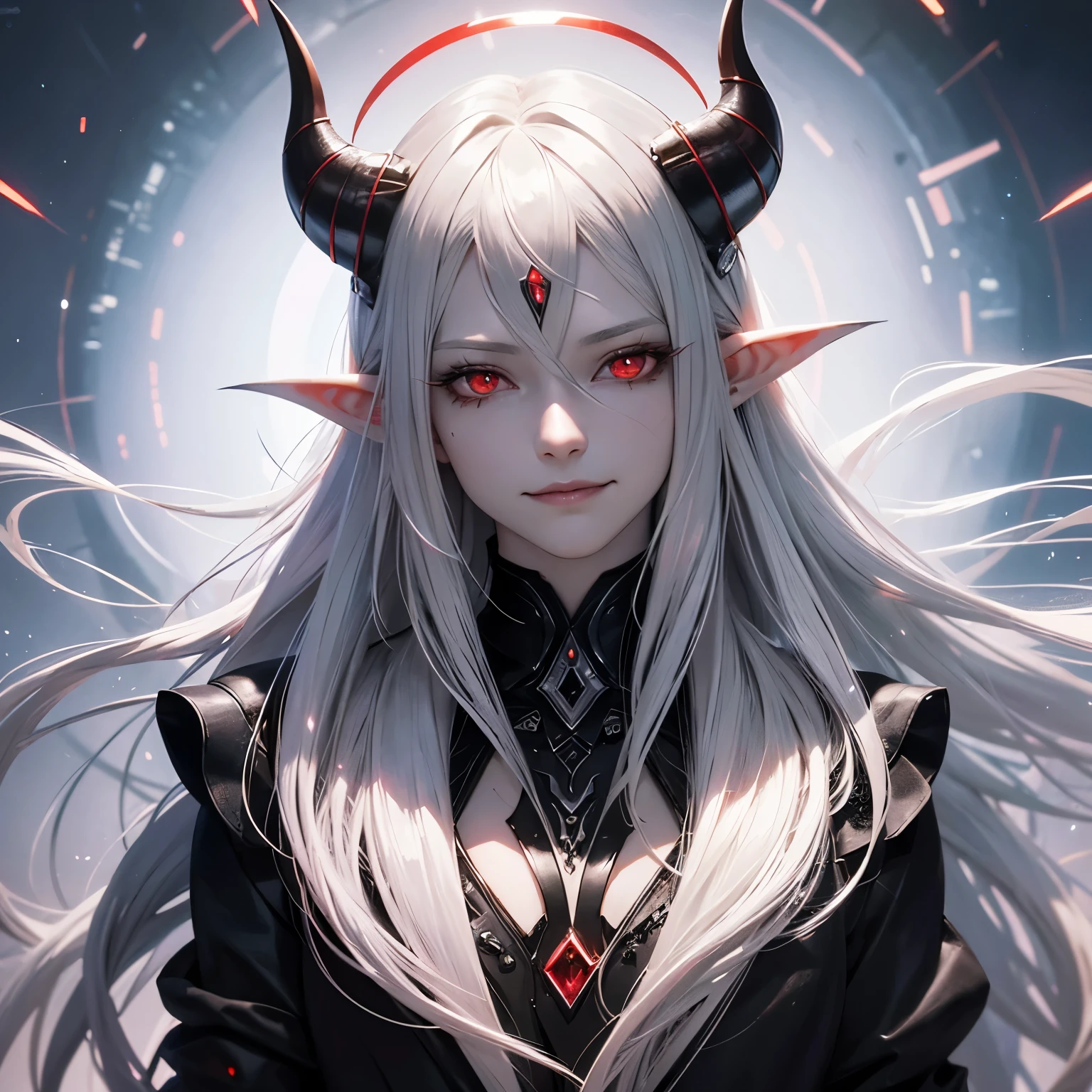 silver hair, very long hair, shiny hair, halo, demon horns, red eyes, long pointy ears, evil smile, Surrealism, Hyperrealism, anime style, UHD, masterpiece, textured skin, textured skin, best quality, 16k