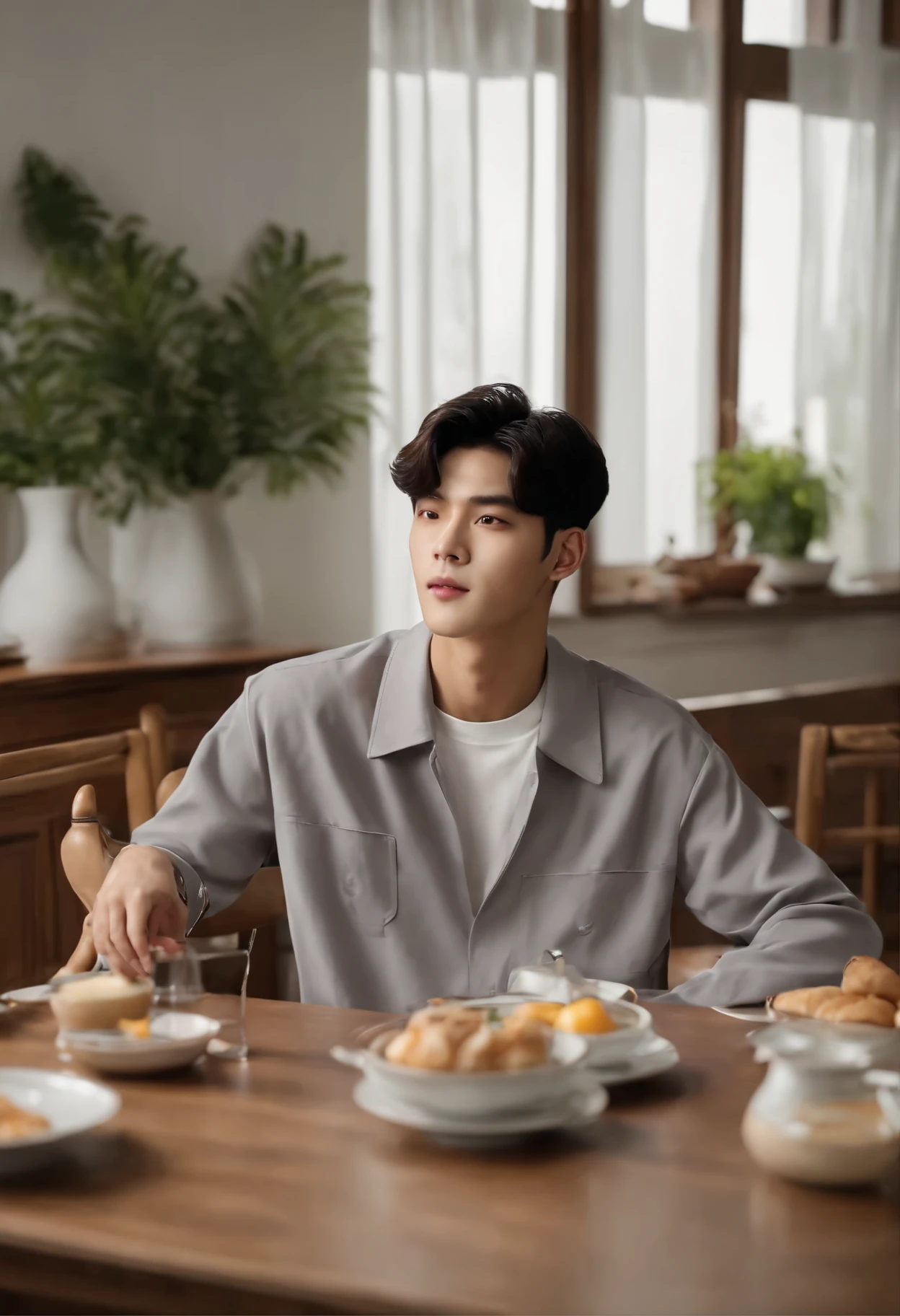mix of cha eun woo and rowoon korean actor wavy short hair, wearing gray pajama, sitting on a white chair in the dining room, smiling down at the delicious breakfast on the brown dining table, dining area has white chairs and brown table in dining area