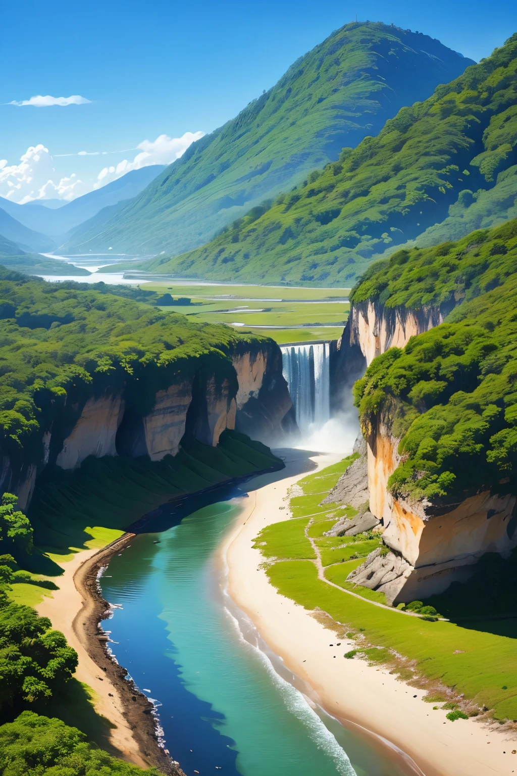 desenho, muitas montanhas no fundo, lugar com muitas plantas e alegreia, ambiente claro e feliz, 