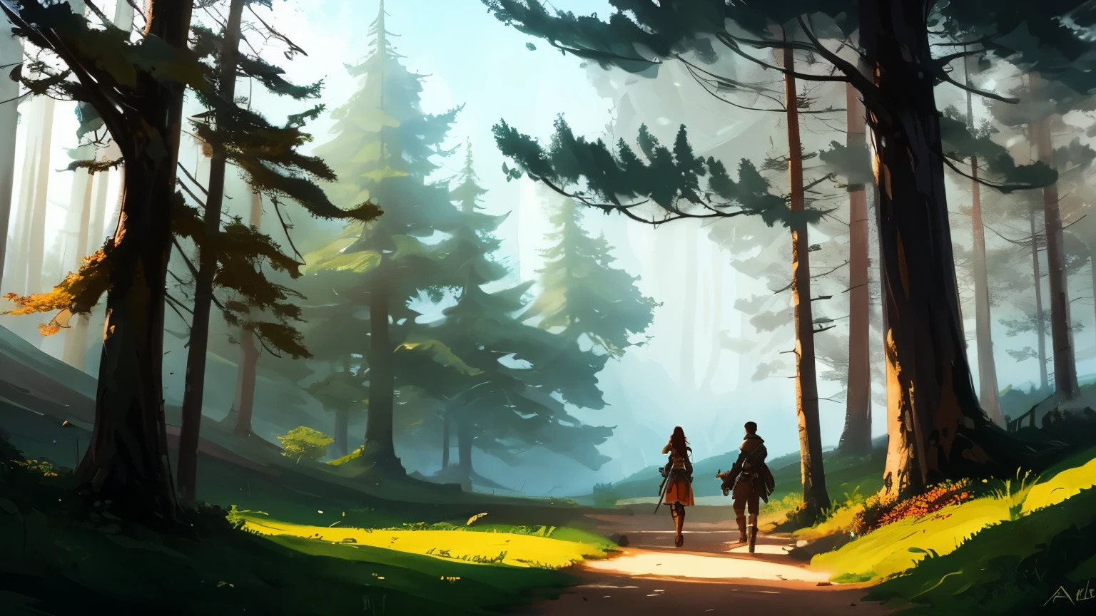 A male warrior and a beautiful girl are sitting in the woods and walking through the dense woods.,The sun shines down,view of araf, stylized concept art, digital painting concept art, andreas rocha style, painterly concept art, high quality digital concept art, colorful concept art, concept art world, indie game concept art, fantasy matte,Lovely, Inspired by Sylvain Sarrailh, concept art. epic scenery