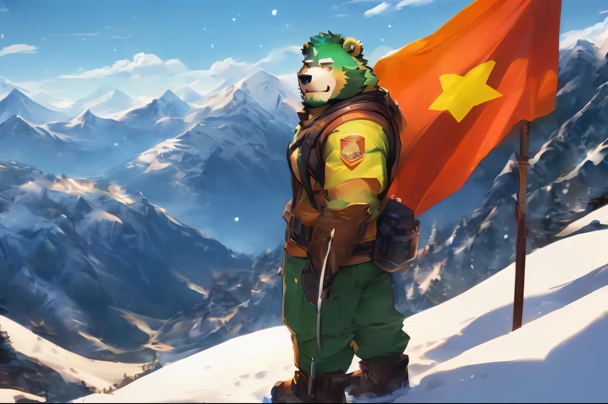 skier with a backpack and a flag on a mountain top, wojtek fus, profile picture 1024px, artgerm and atey ghailan, atey ghailan 8 k, inspired by Hu Zaobin, red panda on a propaganda poster, from overwatch, yee chong silverfox, winston the ape from overwatch, furry mawshot art, jinpei, furry, furry bear, green fur