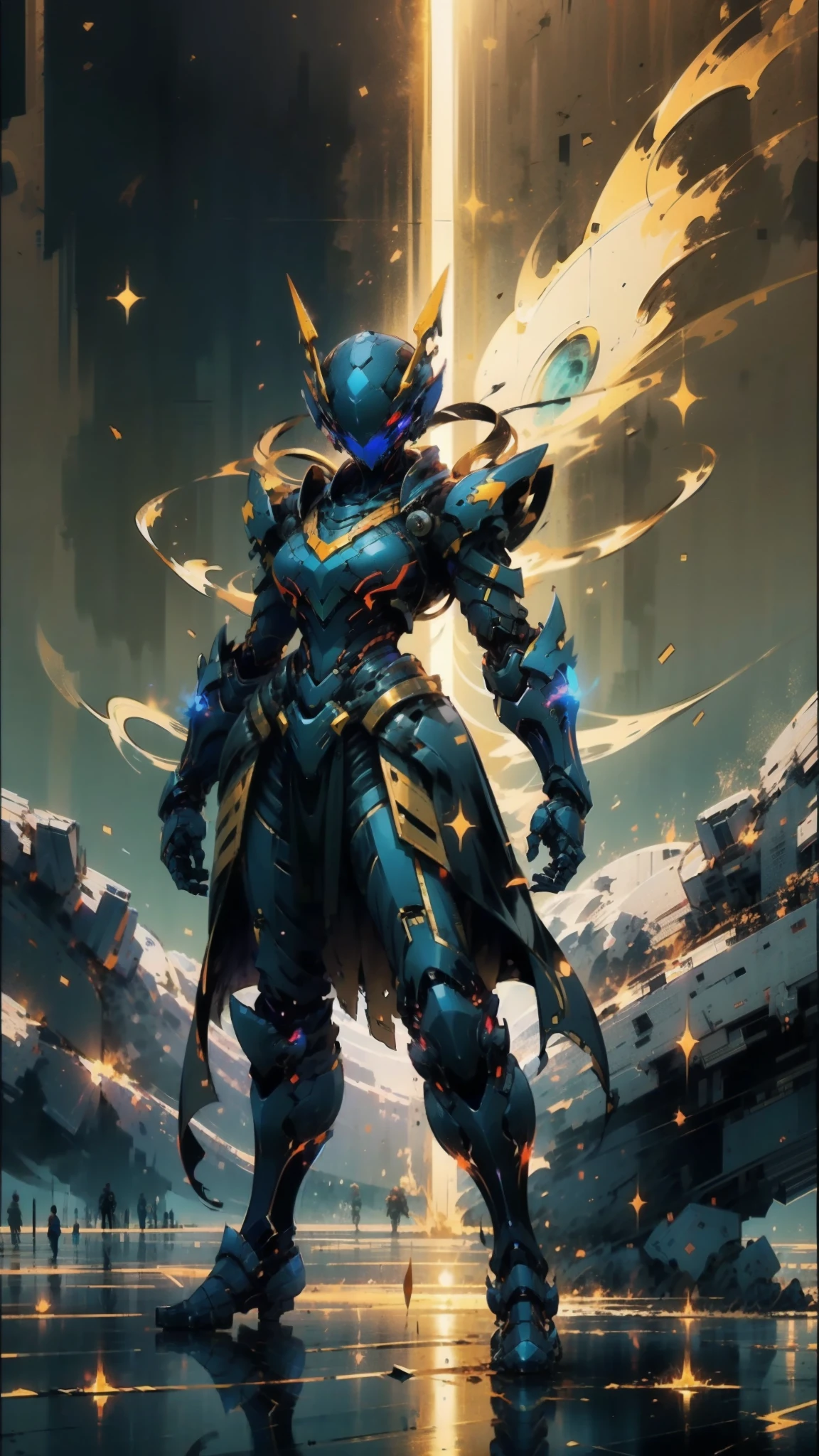 A woman adorned in fantasy-style full-body armor, a crown-concept fully enclosed helmet that unveils only her eyes, a composite layered chest plate, fully encompassing shoulder and hand guards, a lightweight waist armor, form-fitting shin guards, the overall design is heavy-duty yet flexible, ((the armor gleams with a golden glow, complemented by red and blue accents)), exhibiting a noble aura, she floats above a fantasy-surreal high-tech city, this character embodies a finely crafted fantasy-surreal style armored hero in anime style, exquisite and mature manga art style, (Queen bee mixed with Spider concept Armor, plasma, blood), ((Element, energy, elegant, goddess, femminine:1.5)), metallic, high definition, best quality, highres, ultra-detailed, ultra-fine painting, extremely delicate, professional, anatomically correct, symmetrical face, extremely detailed eyes and face, high quality eyes, creativity, RAW photo, UHD, 32k, Natural light, cinematic lighting, masterpiece-anatomy-perfect, masterpiece:1.5