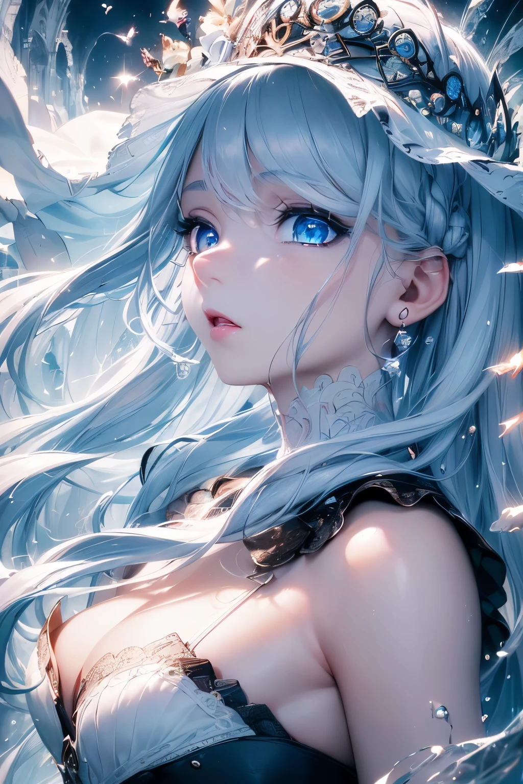 4K quality:1.2,1girl,sense of deps,disorganized,catch light,Super beautiful illustration,((White,long hairstyles:1.3)),dark dark eyeshadow,(((4k,super beautiful,In detail,blue eyes))),bright red lipstick,gothic lolita,;D,beautiful and delicate hair