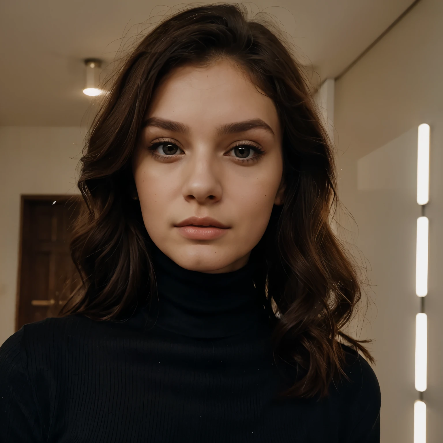 20 years old Czech girl, strong cheek bone, chin, hazel eyes, curly brown hair, black turtleneck, long hair falling, seductive look, assertive look, jaw bone, turtleneck waist up